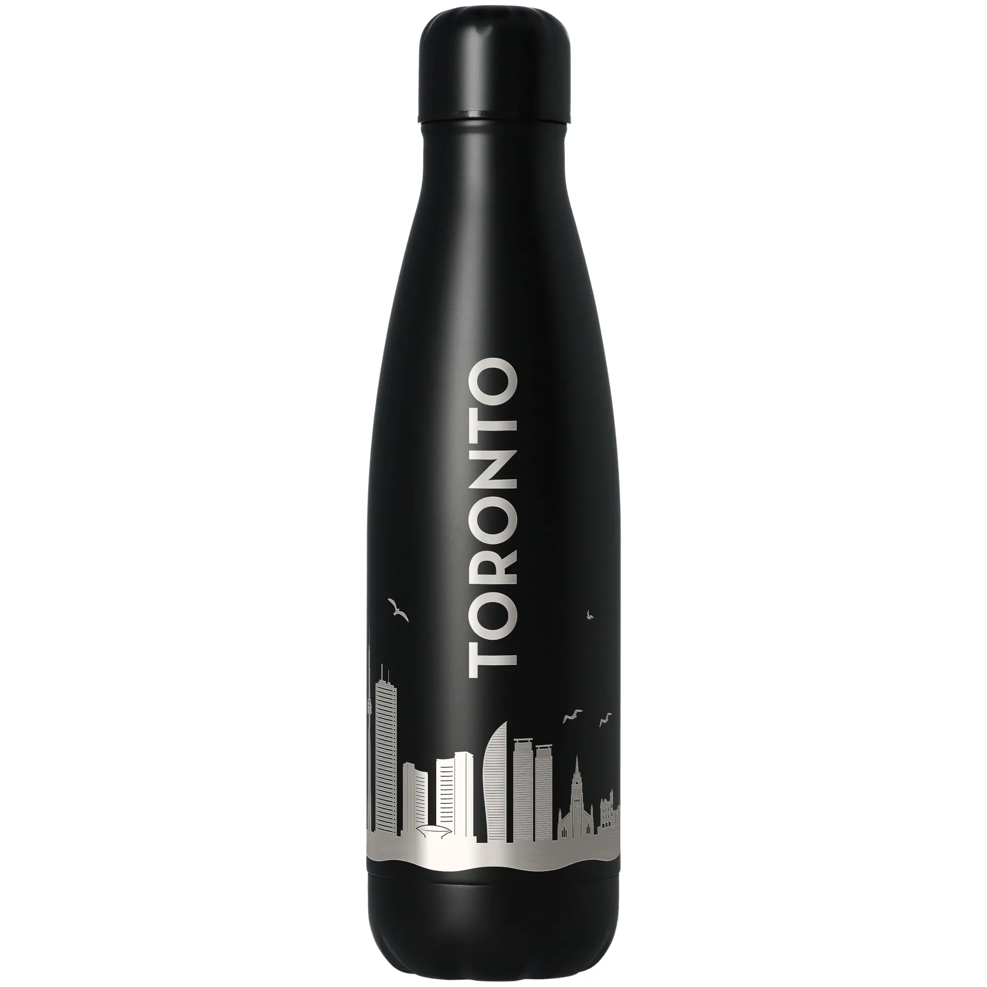Thermosflasche, Trinkflasche, Schwarz, Stadt Silhouette, Metallic