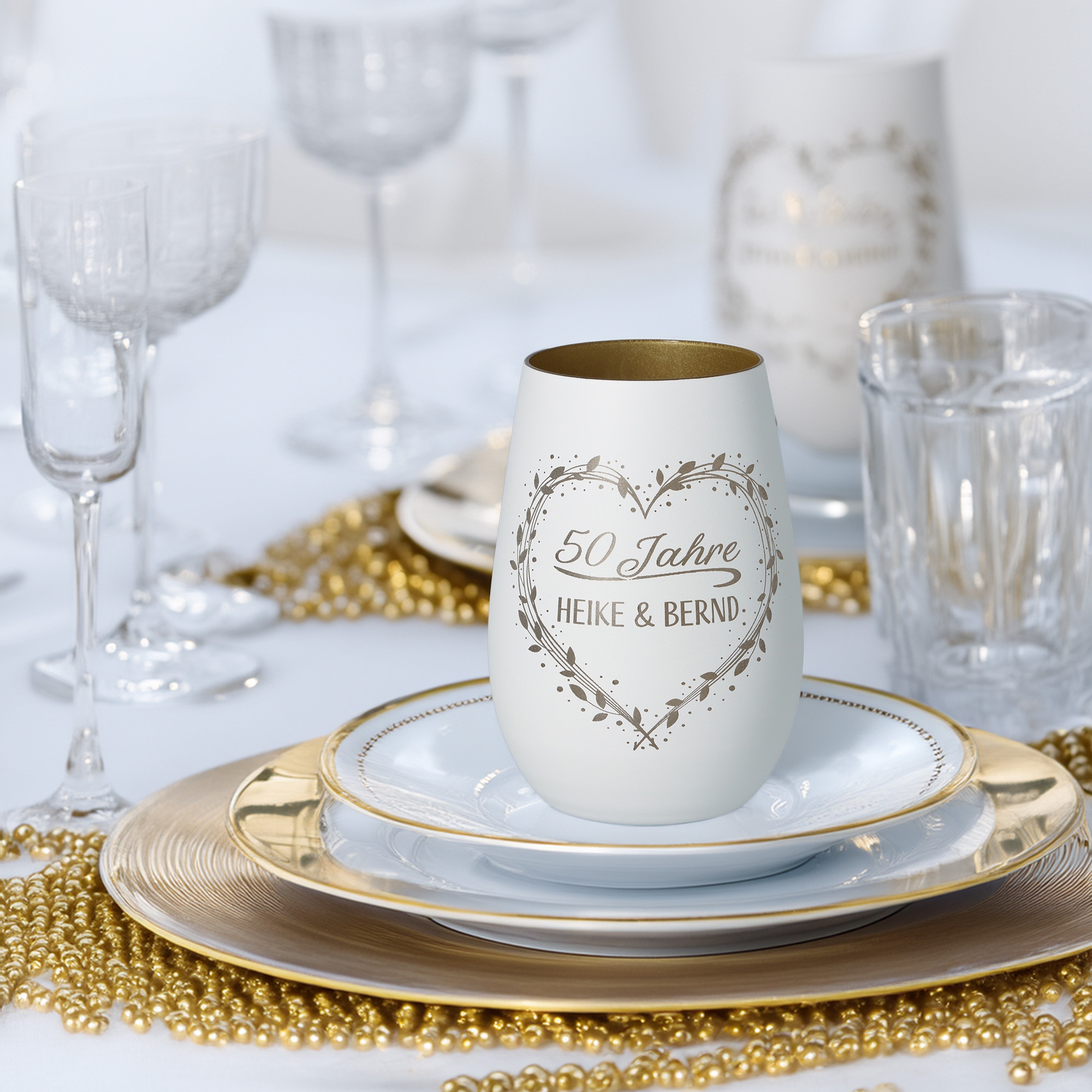 Windlicht "50 Jahre" Glas, Untertasse, Kelch, Tasse, Porzellan