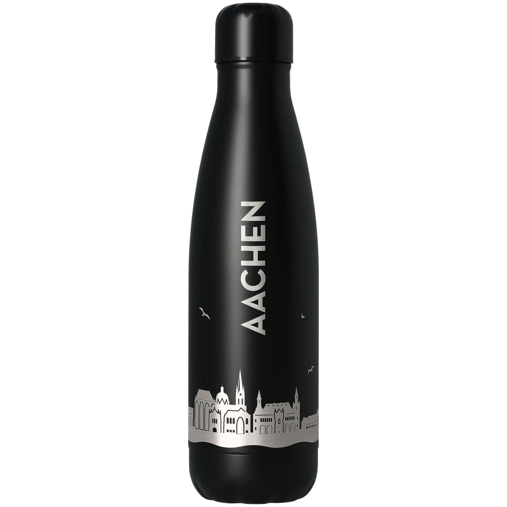 flasche, thermos, elegant, schwarz, städte-silhouette