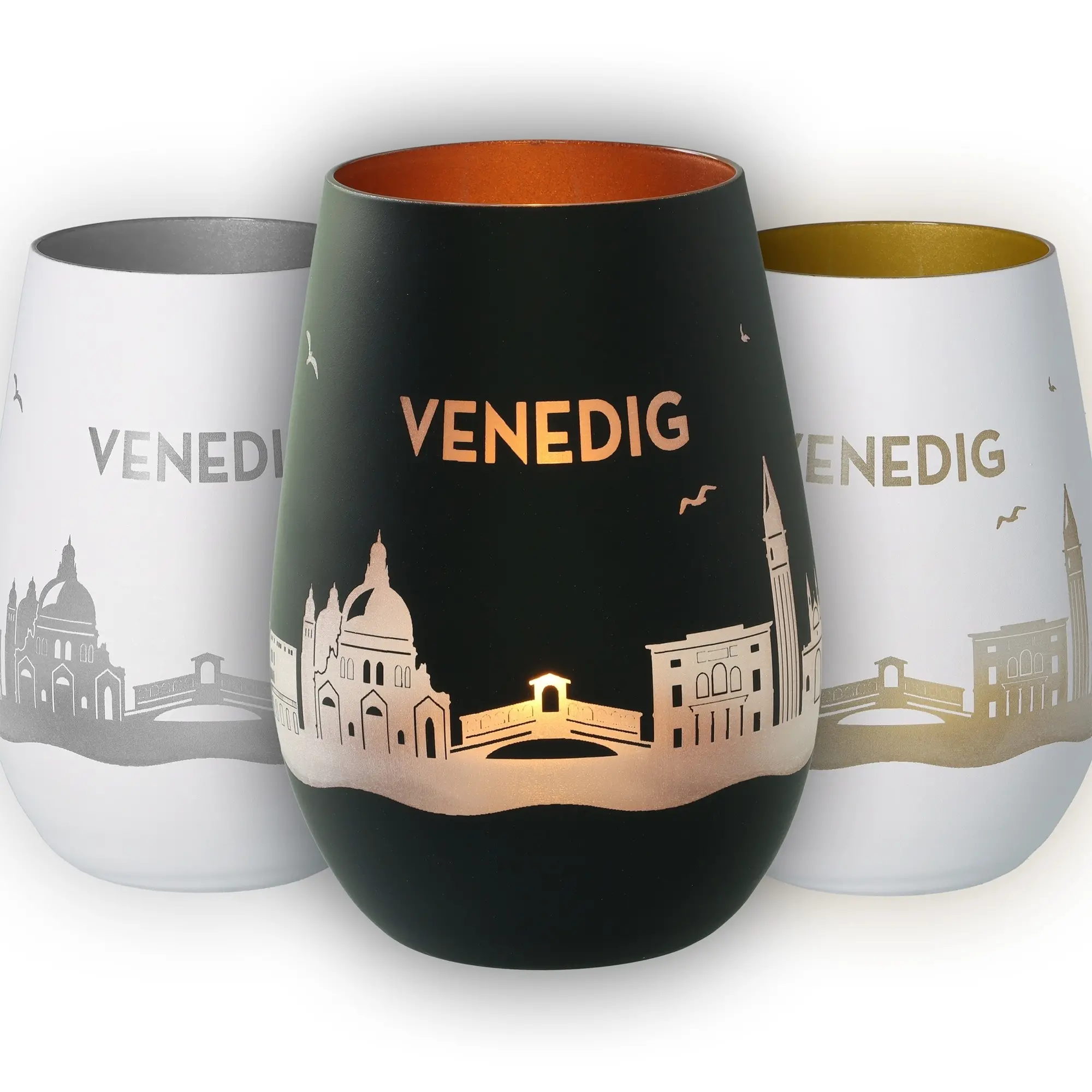 Venedig-Becher, Stoffbecher, Kupferfarben, Stadt-Silhouette, Holographic Schrift