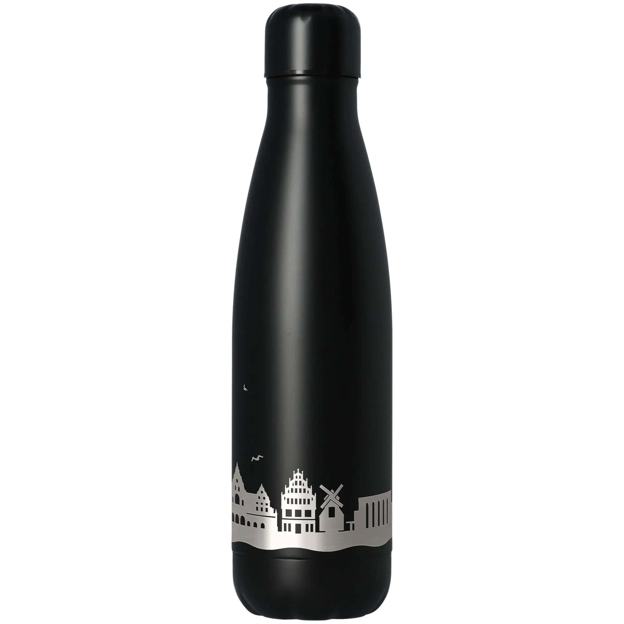 Stahlflasche, schwarze Flasche, Vakuumflasche, Stadtansicht Muster, metallischer Rand