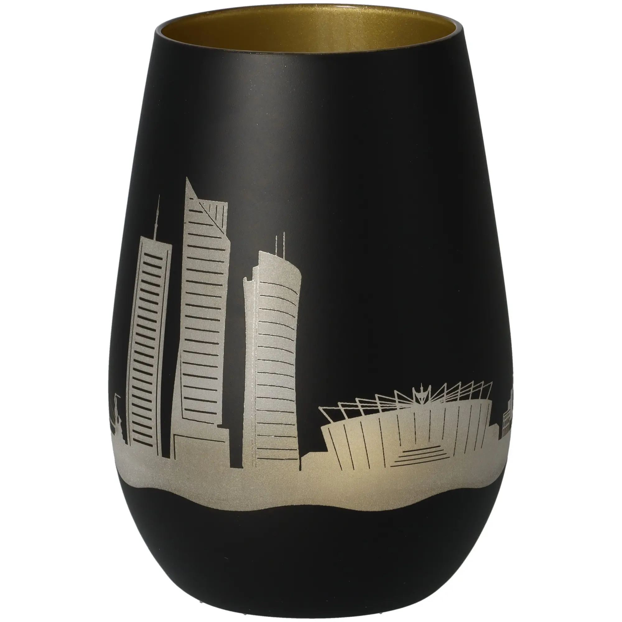 Vase, Stadt skyline, Schwarze Vase, Goldene Verzierung, Mattes Finish