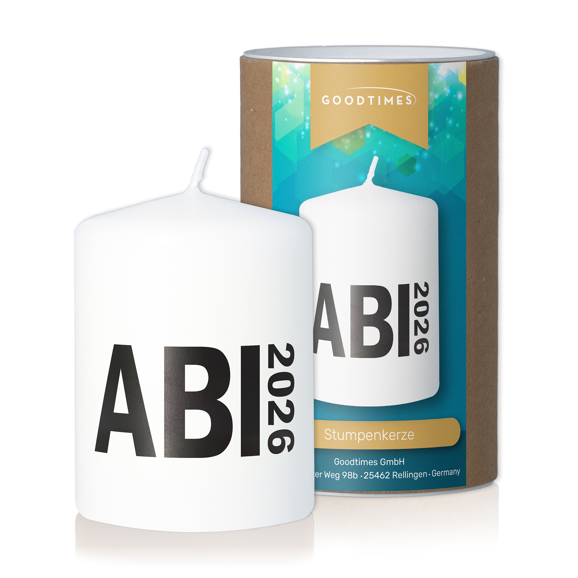 Stumpenkerze Weiß "ABI 2026" Kerze