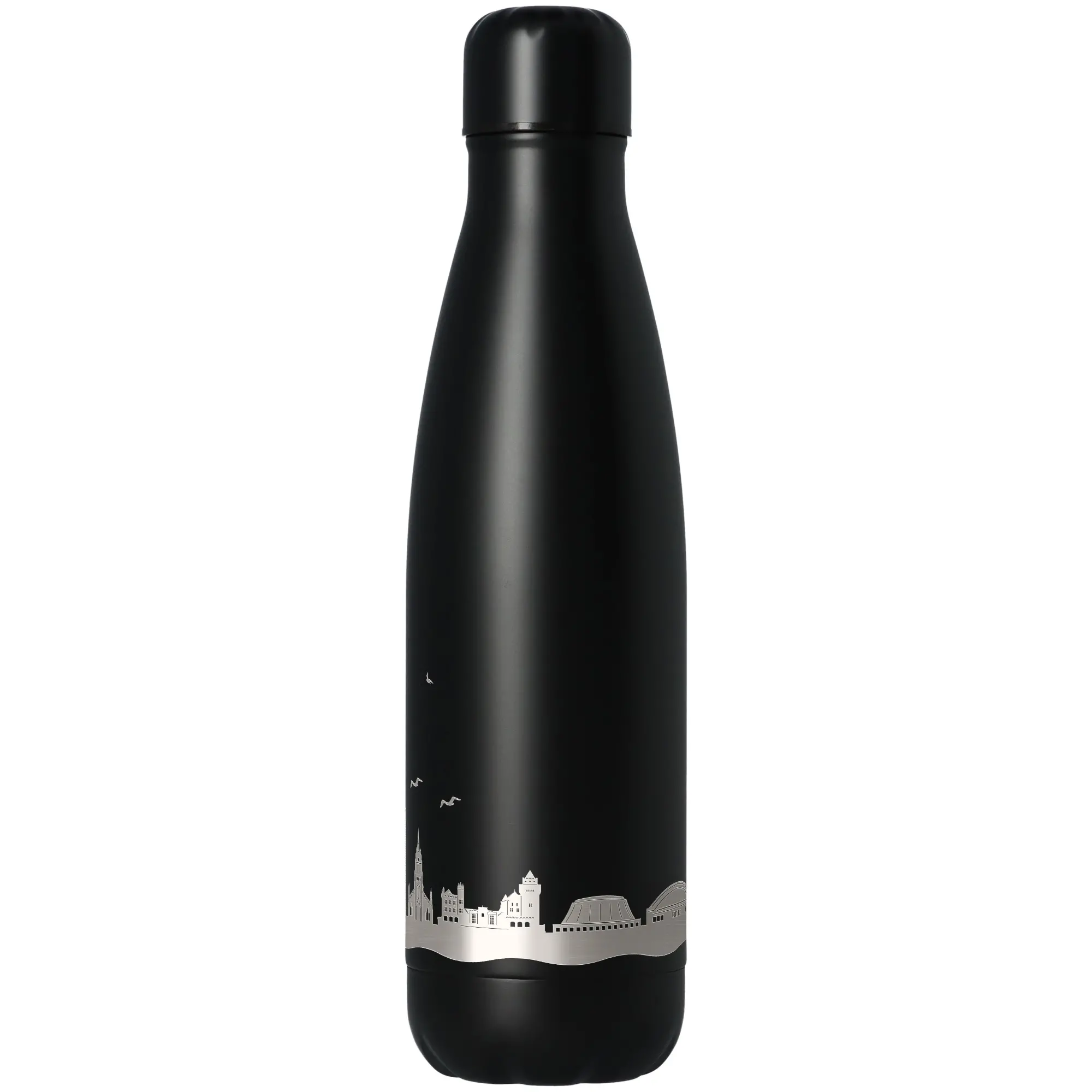 Flasche, Thermoskanne, Schwarz, Silberne Naht, Stadt Silhouette