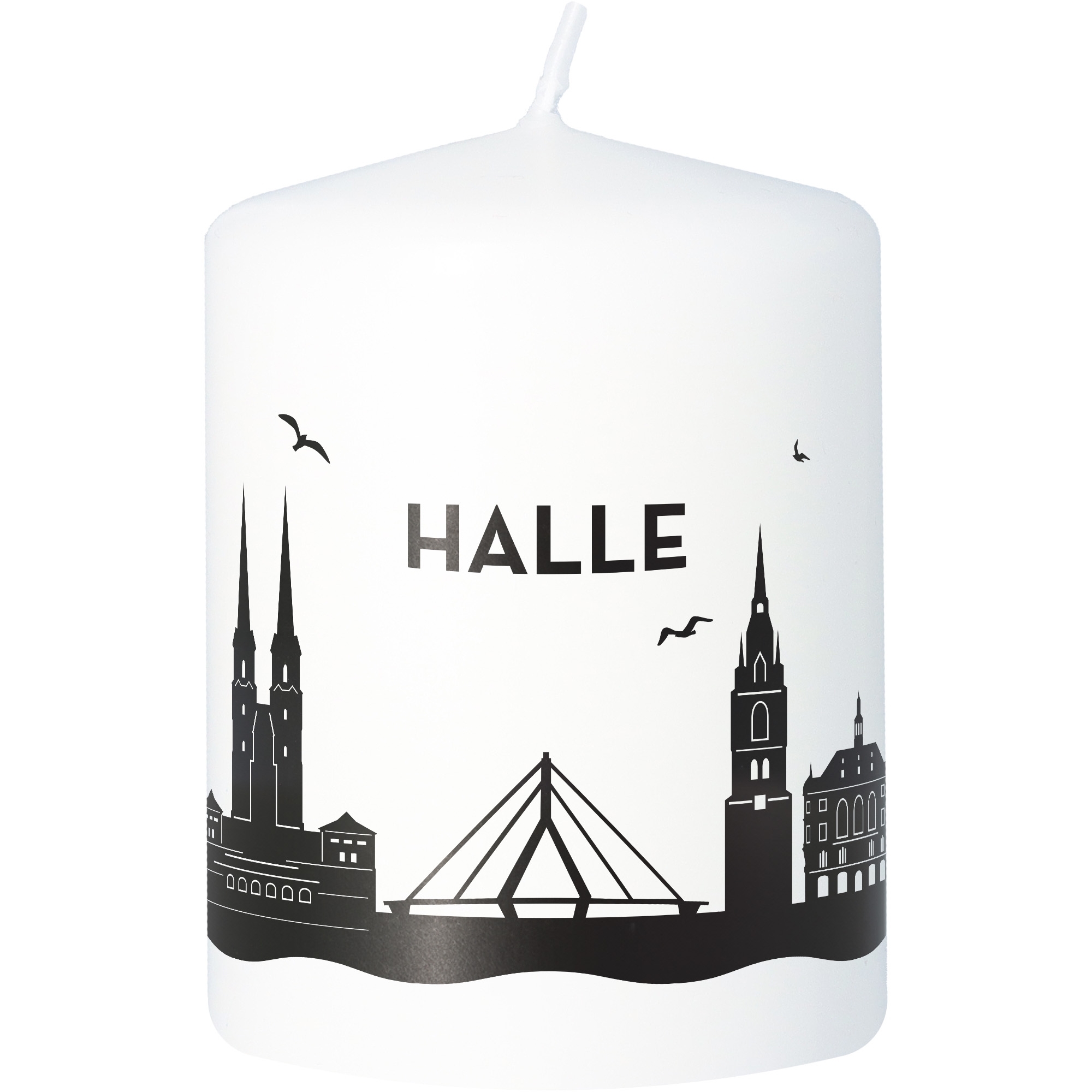 Stumpenkerze Skyline Halle Gebäude, Turmspitze, Turm, Tier, Vogel