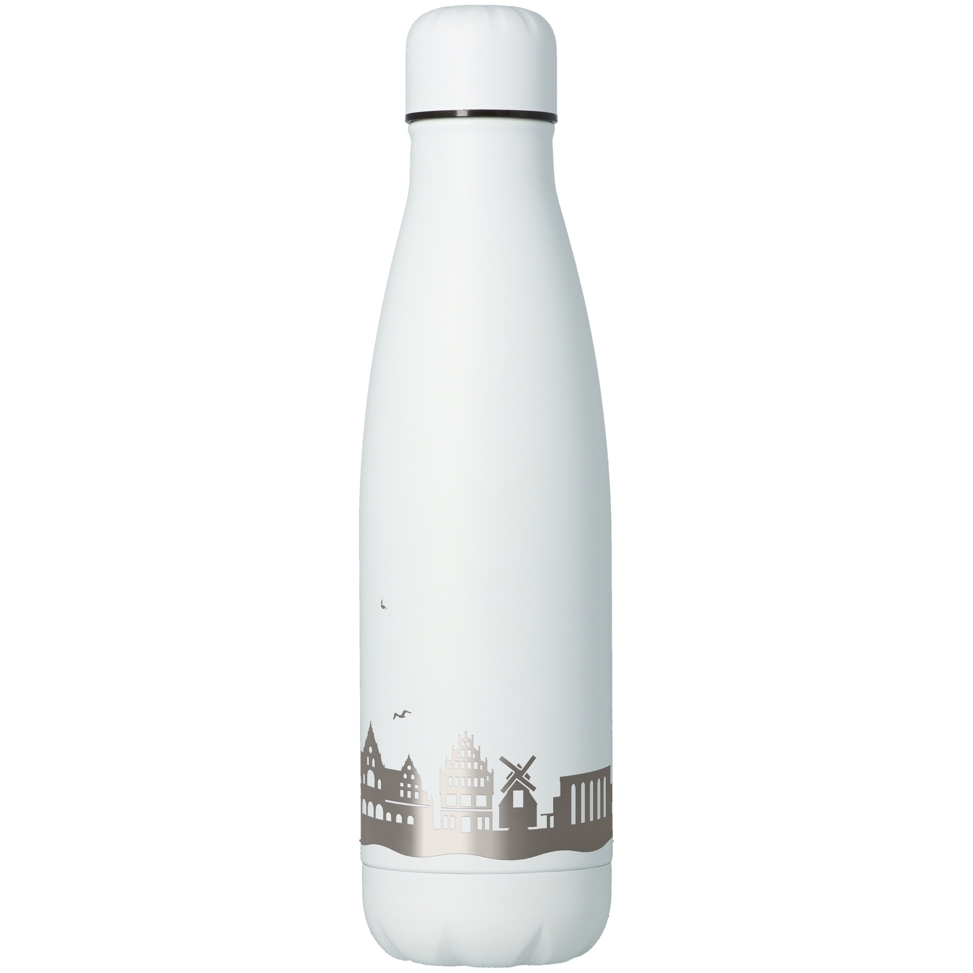 Wasserflasche, Edelstahl, Weiß, Stadt-Skyline Motiv, Flaschenverschluss