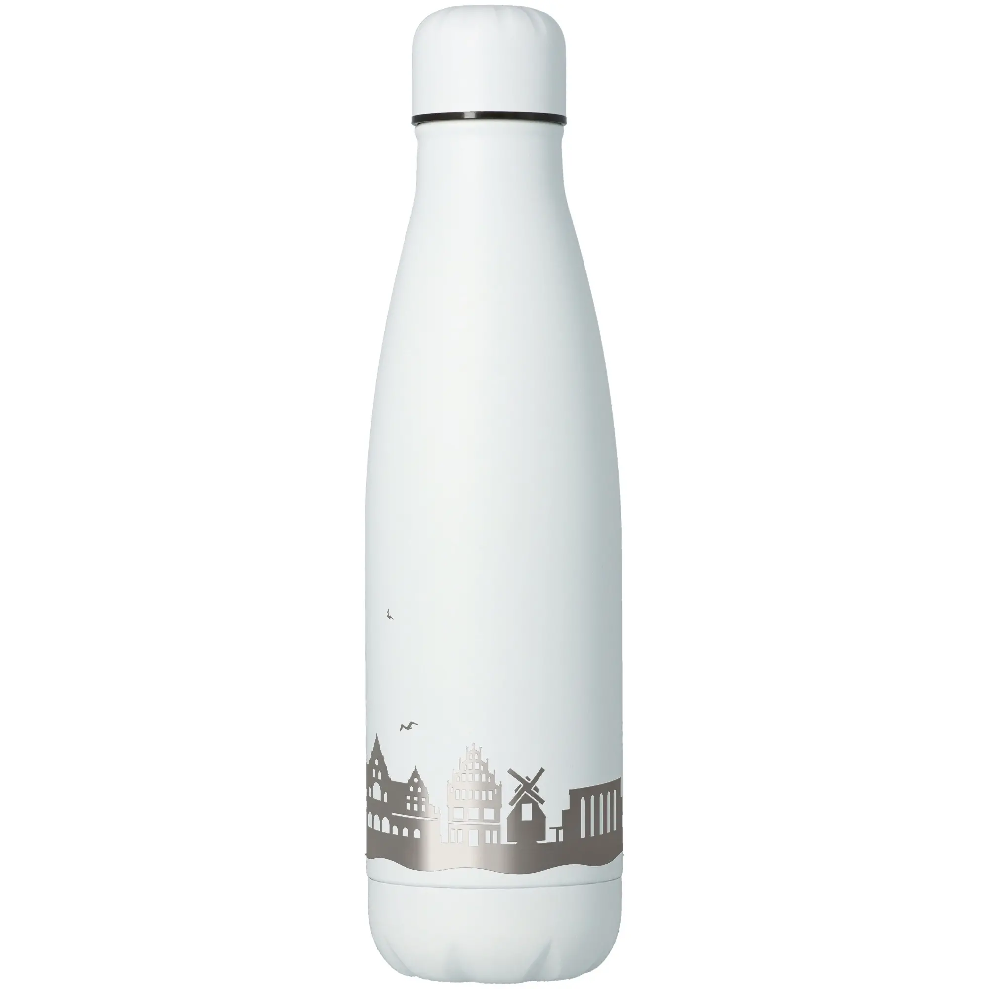 Wasserflasche, Edelstahl, Weiß, Stadt-Skyline Motiv, Flaschenverschluss