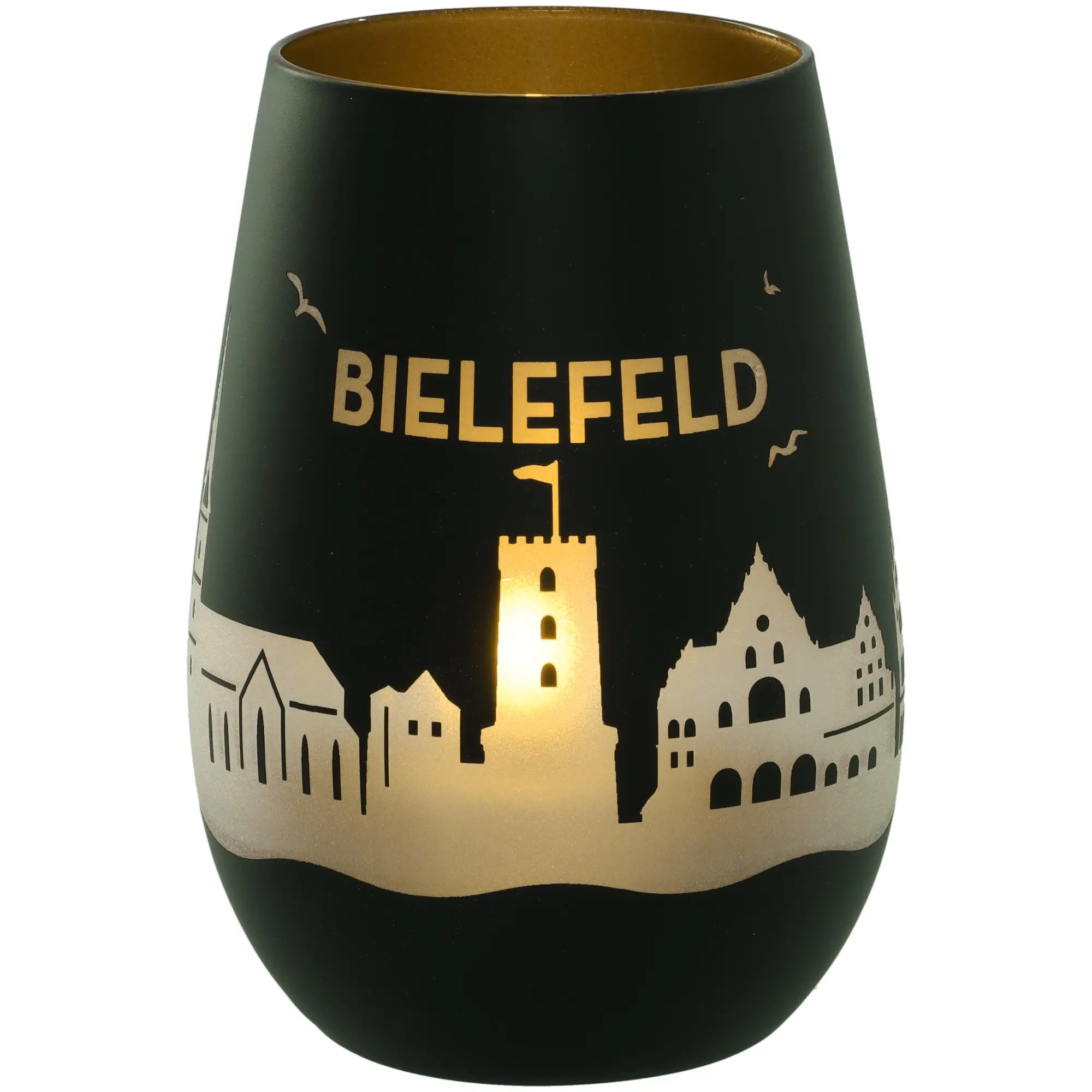Glas, Becher, Schwarz, Goldene Silhouette, Bielefeld
