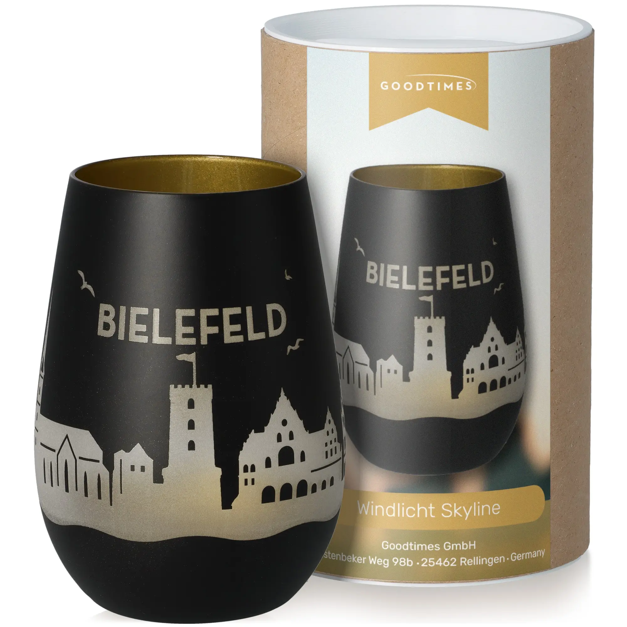 Wechselrand, Windlicht, Skyline, Schwarz, Gold
