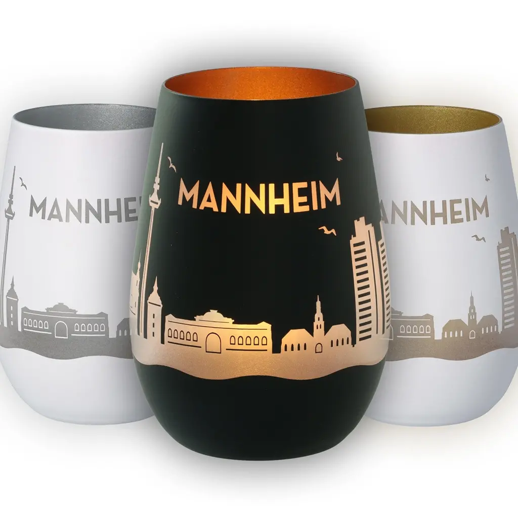 Mannheim, Kugelglas, Stadtsilhouette, Gold-Akzente, Kunststoffbecher