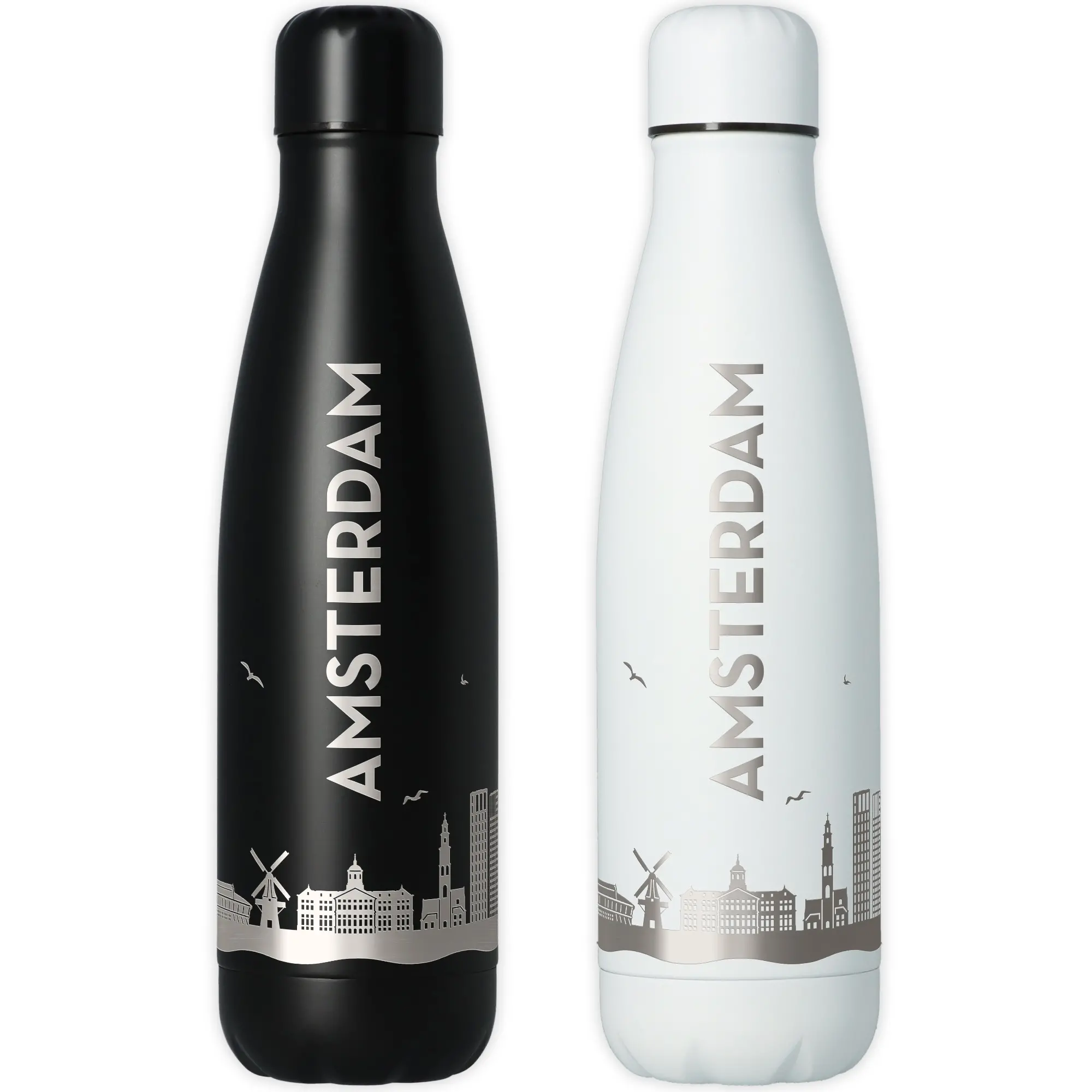 stainlesse Wasserflasche, Metallflasche, schwarze Flasche, Stadt-Silhouette, wiederverwendbare Trinkflasche