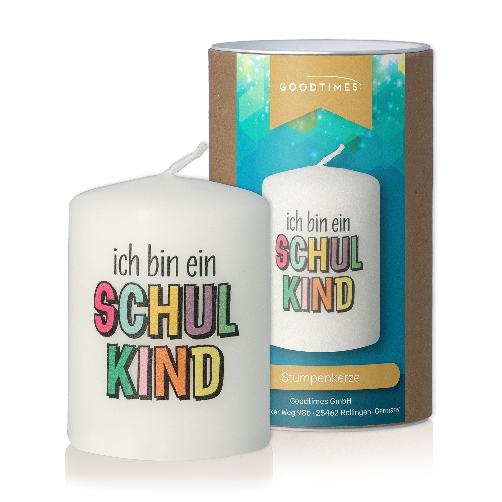 Stumpenkerze Weiß "Ich bin ein Schulkind" Kerze