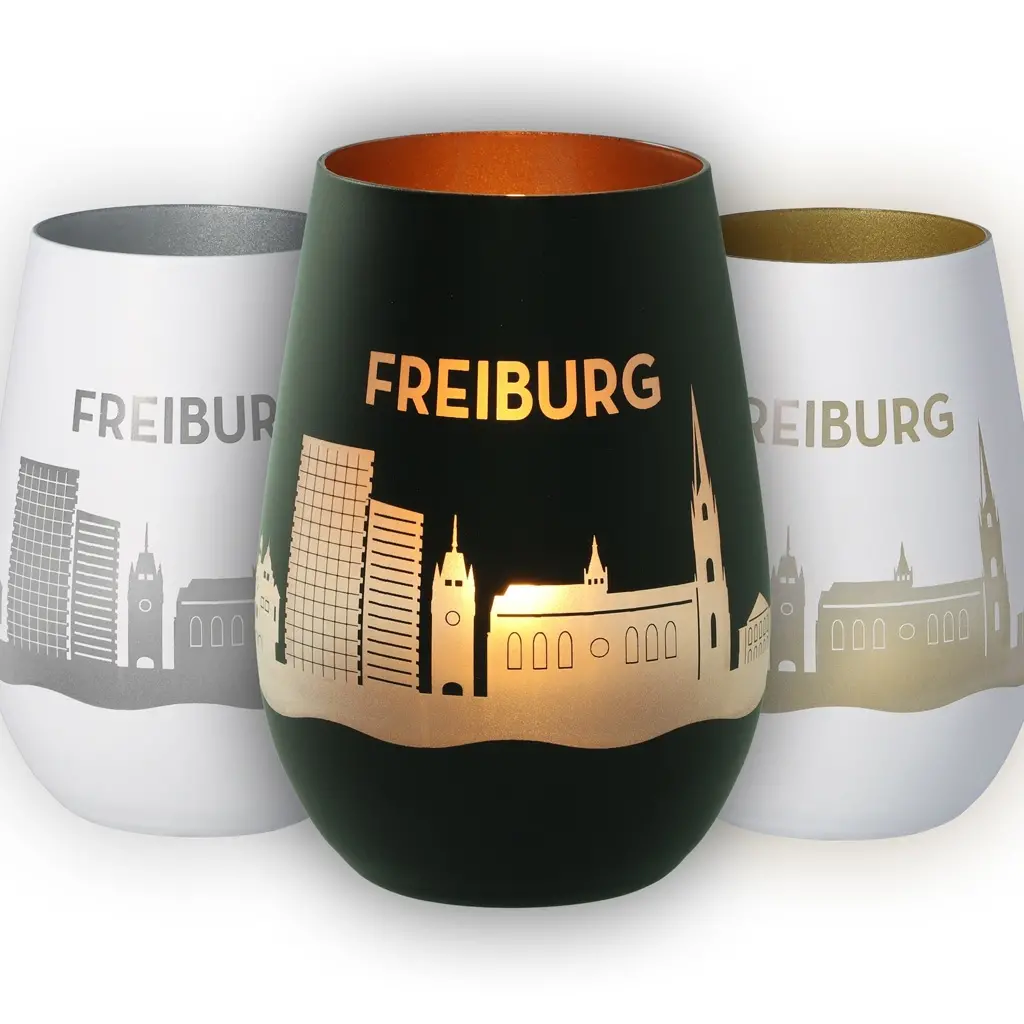 Weißer Becher, Schmuckbecher, Glasbecher, Stadtmotiv, Freiburg