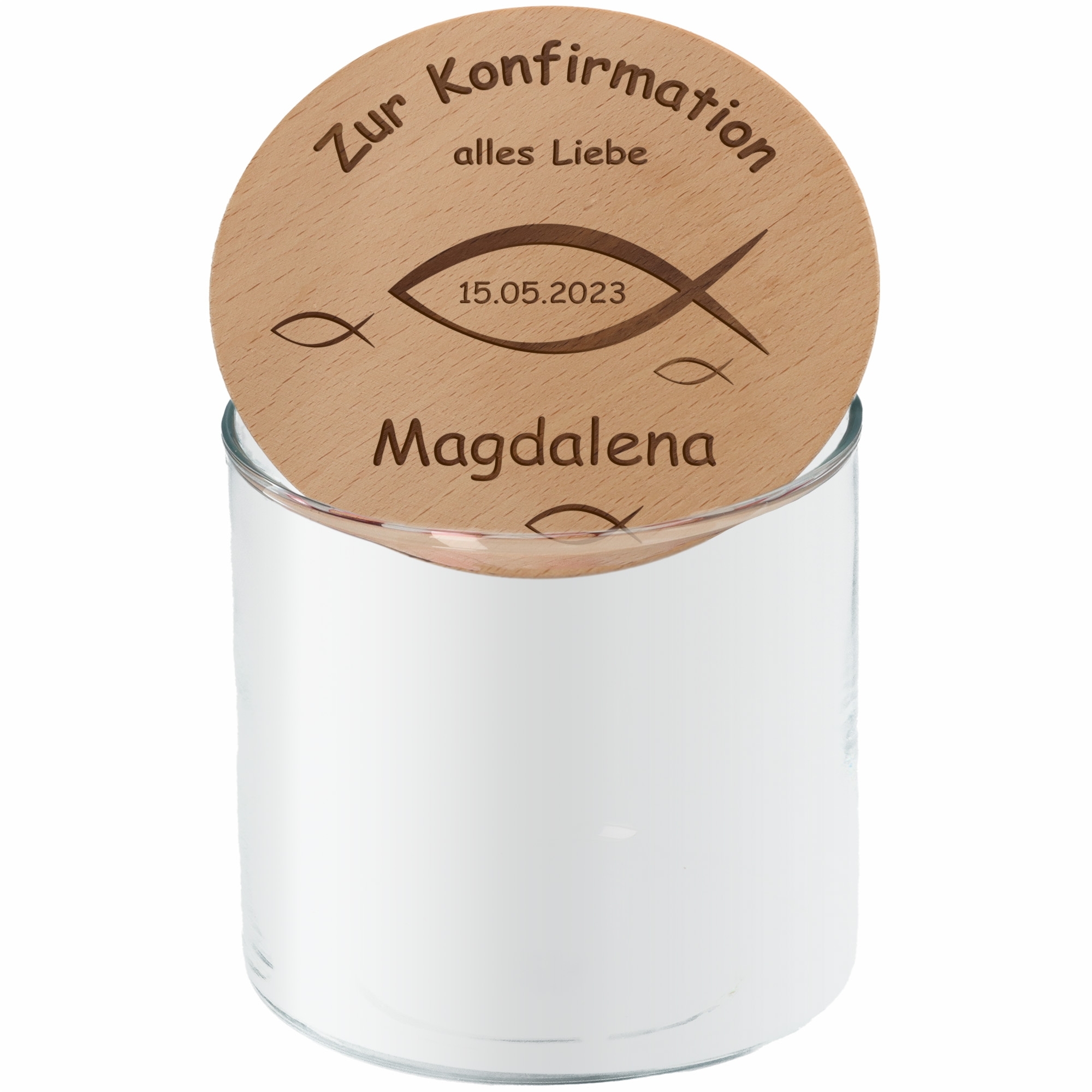 glasglas?, holzdeckel, glasbehälter, weißer schm…, zylindrisch?