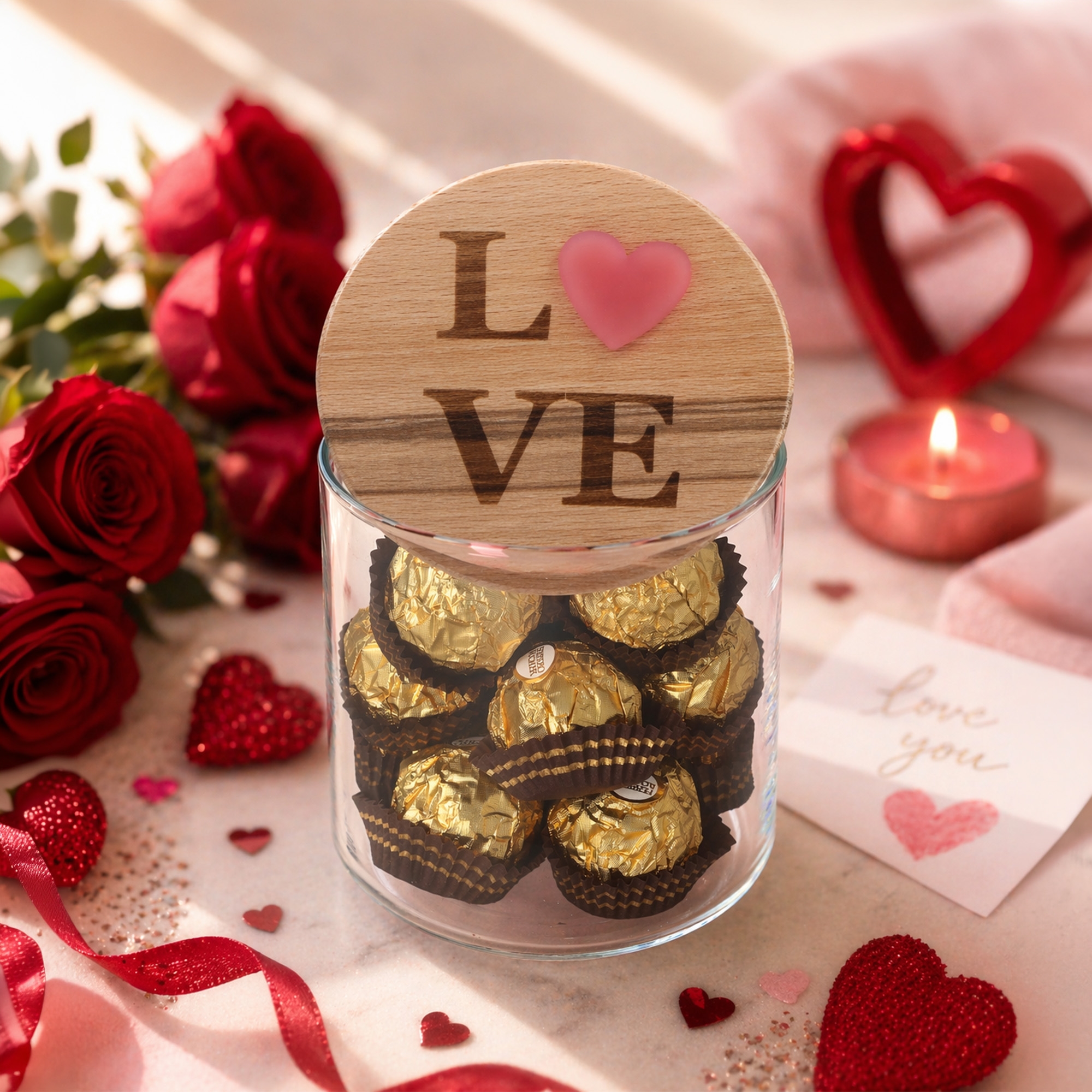 SchachtelPralinen, Goldfolie, Gläser, Herz-Decoration, Valentinstag