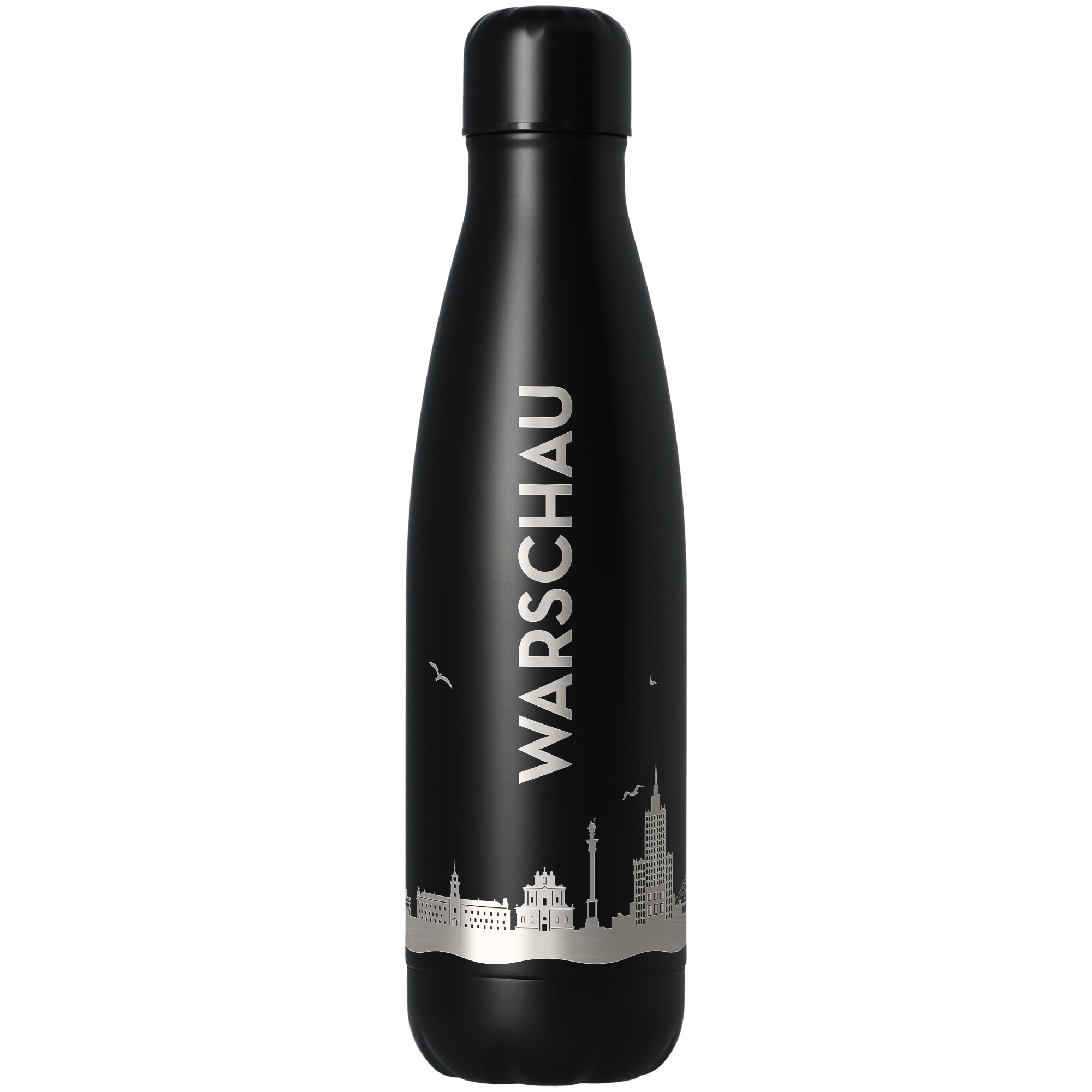 Thermosflasche, Trinkflasche, Stahl, Schwarz, Städtische Silhouette