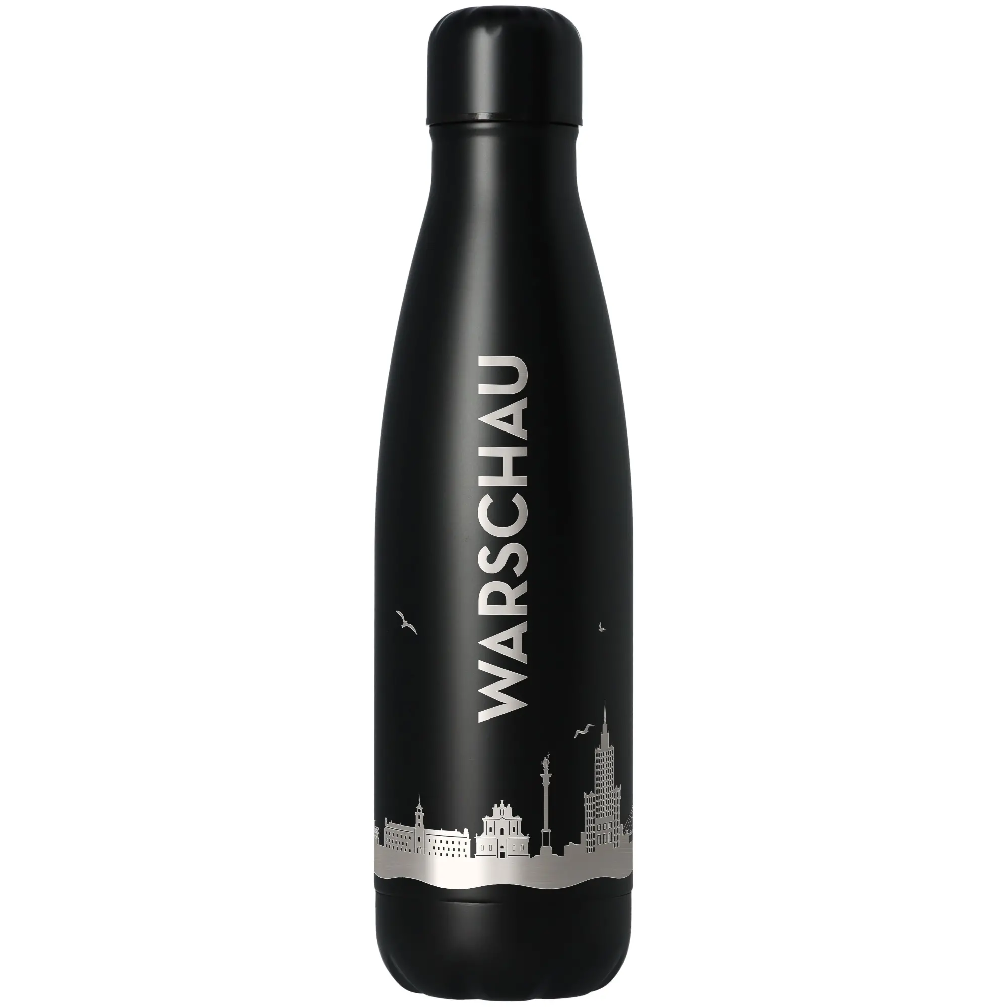 Thermosflasche, Trinkflasche, Stahl, Schwarz, Städtische Silhouette