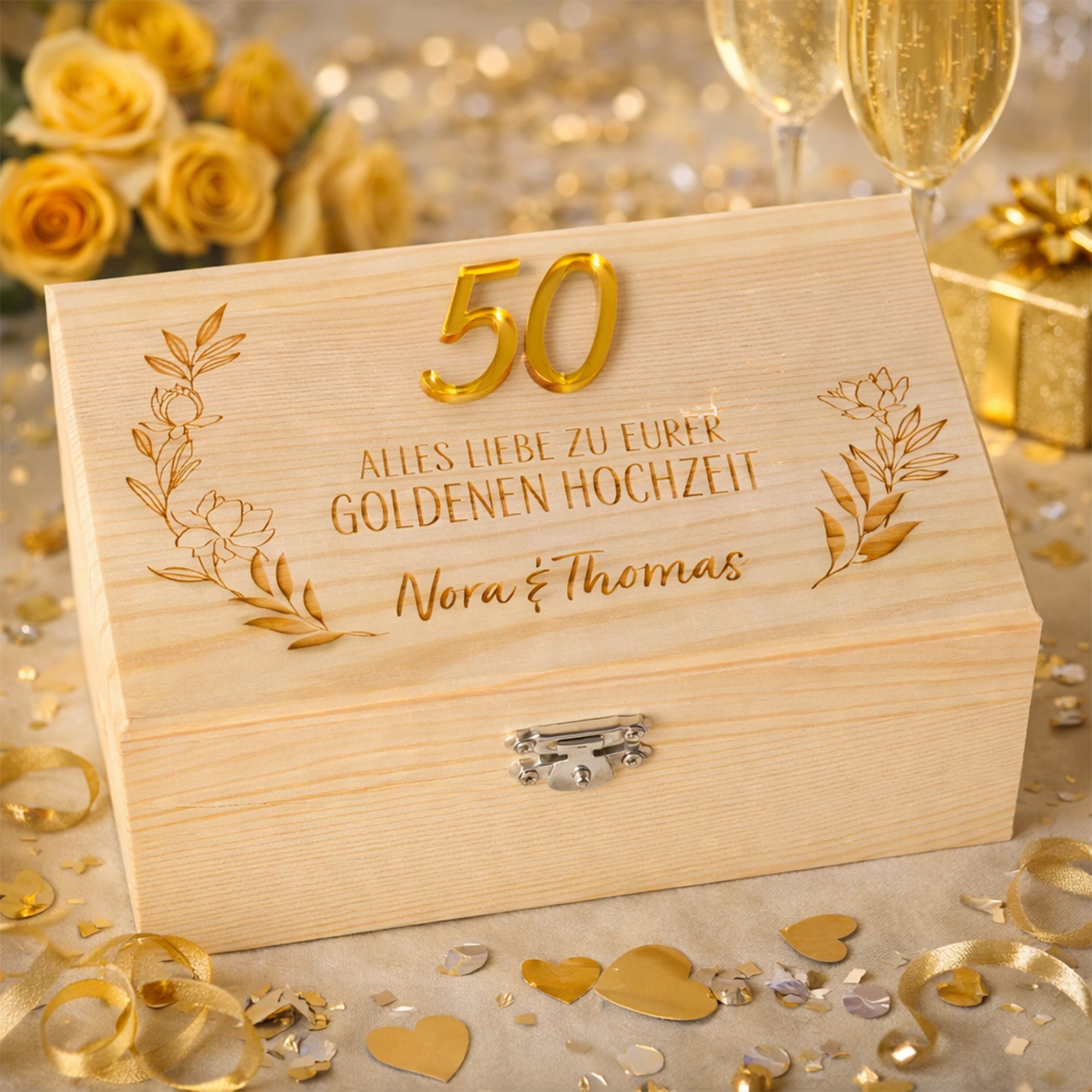 hochzeitsgeschenk, holzbox, geldgeschenk, goldene 50, personalisierte box