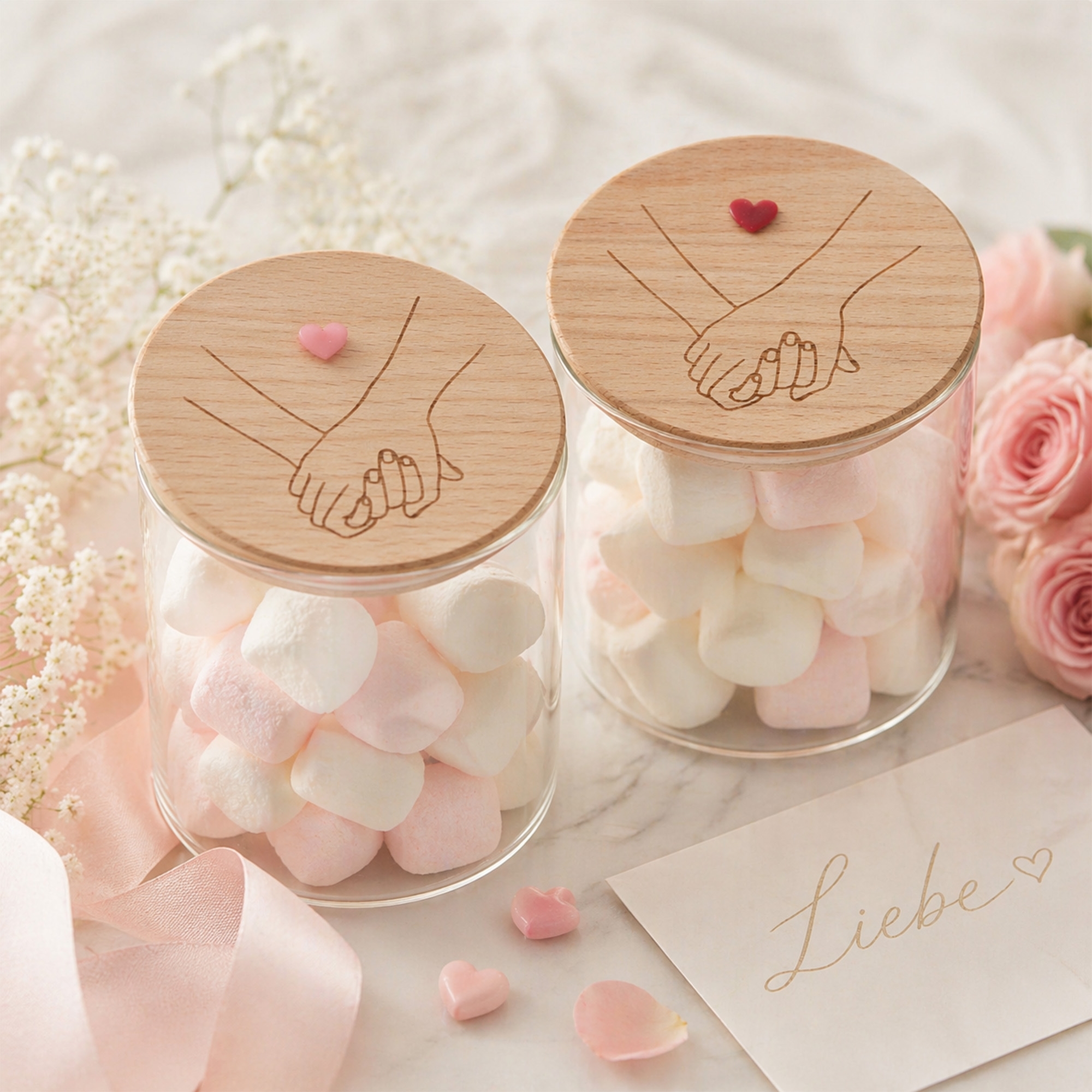 Glasbehälter, Marshmallows, Holzdeckel, Paar-Hand-in-Hand, Herzmotiv