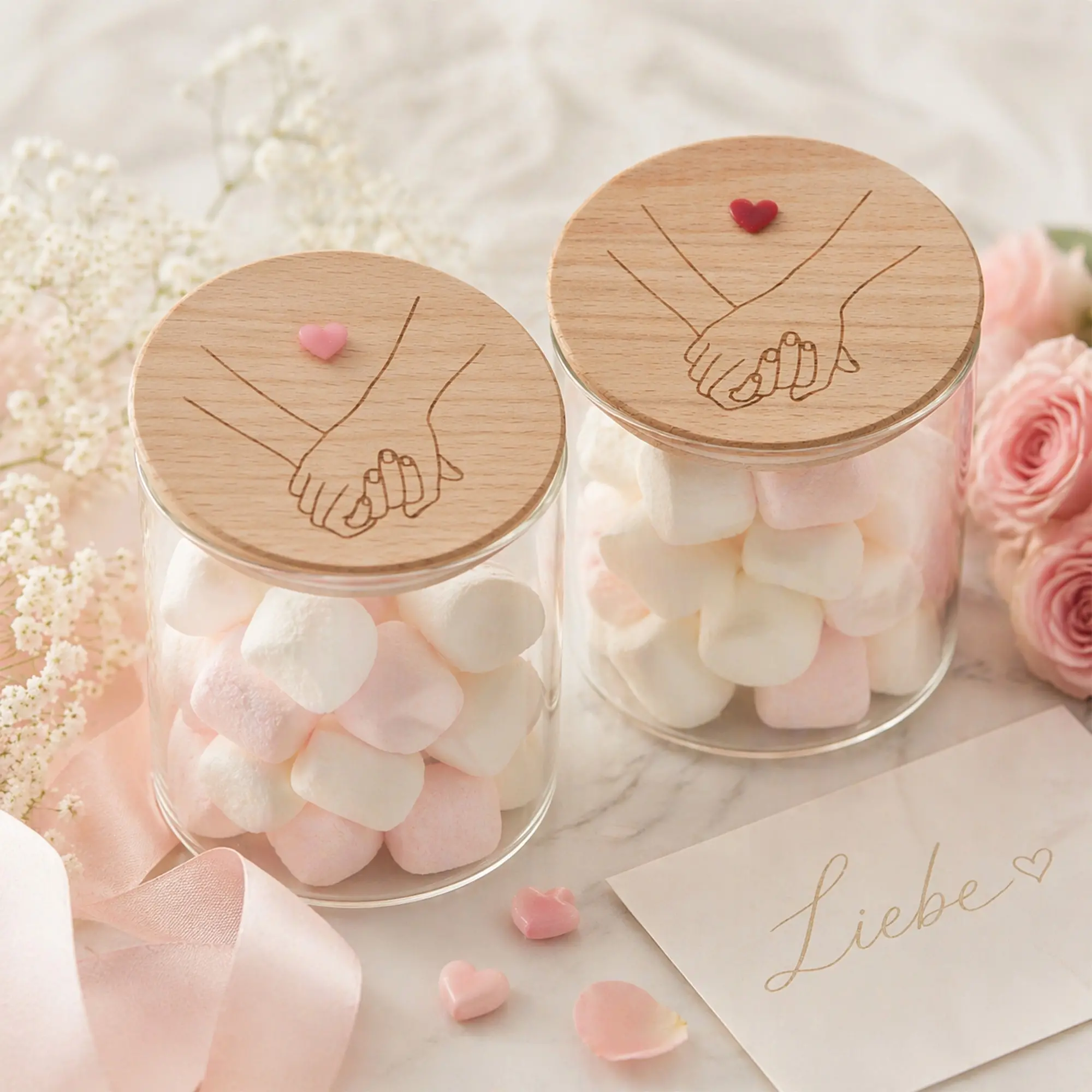 Glasbehälter, Marshmallows, Holzdeckel, Paar-Hand-in-Hand, Herzmotiv
