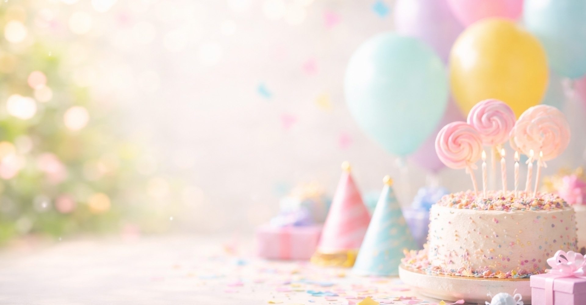 kuchen, geburtstag, lollipop, ballons, konfetti