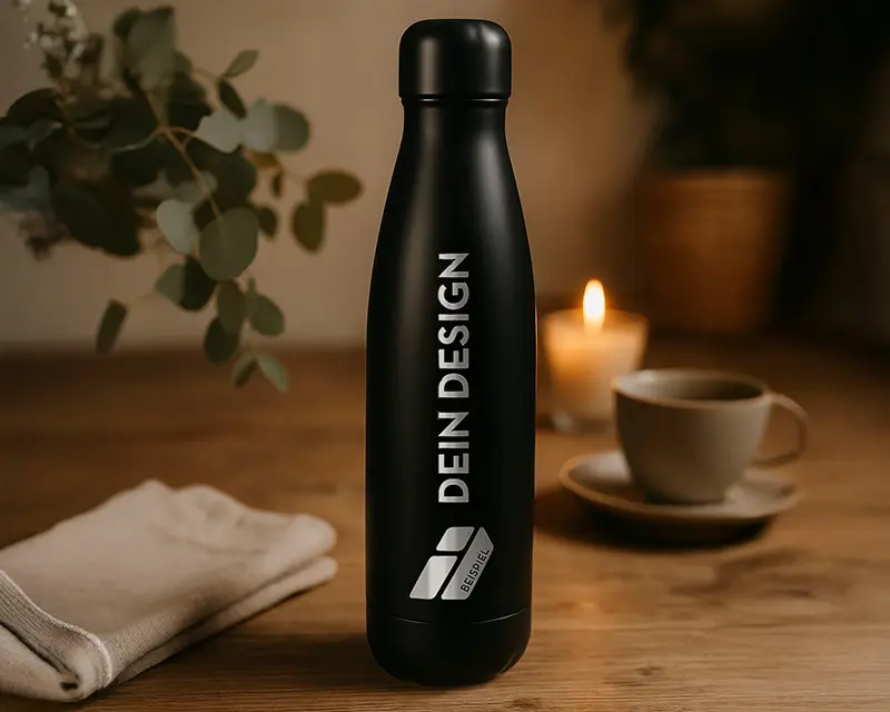 Schwarze Trinkflasche mit beispielhafter Dein-Design-Gravur