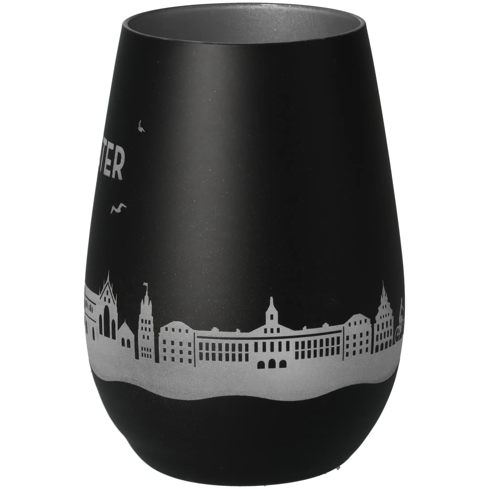 Vase, Schwarz, Silber-Print, Städtisches Motiv, Glasvase