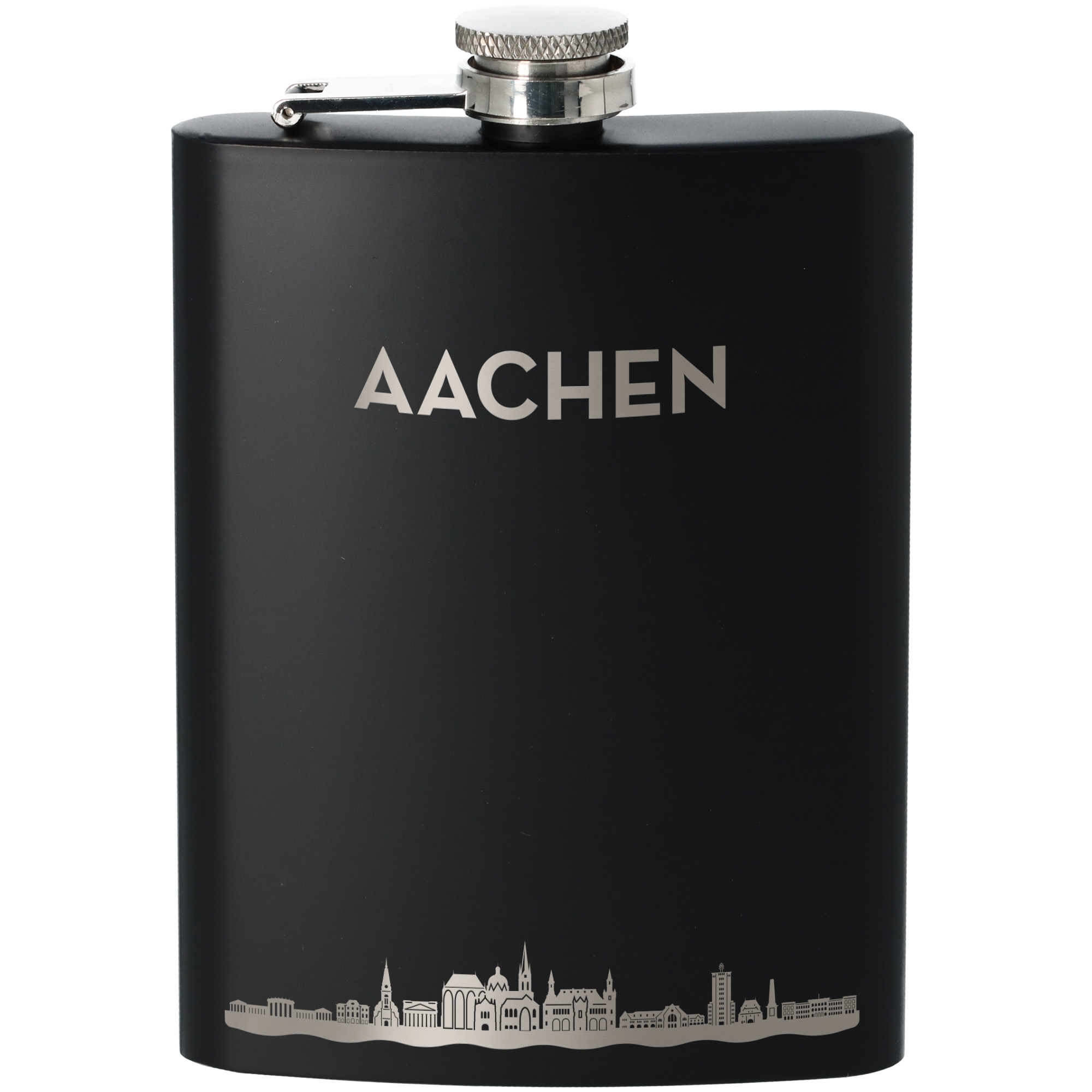 Flasche, Flachmann, Edelstahl, Schwarz, City skyline