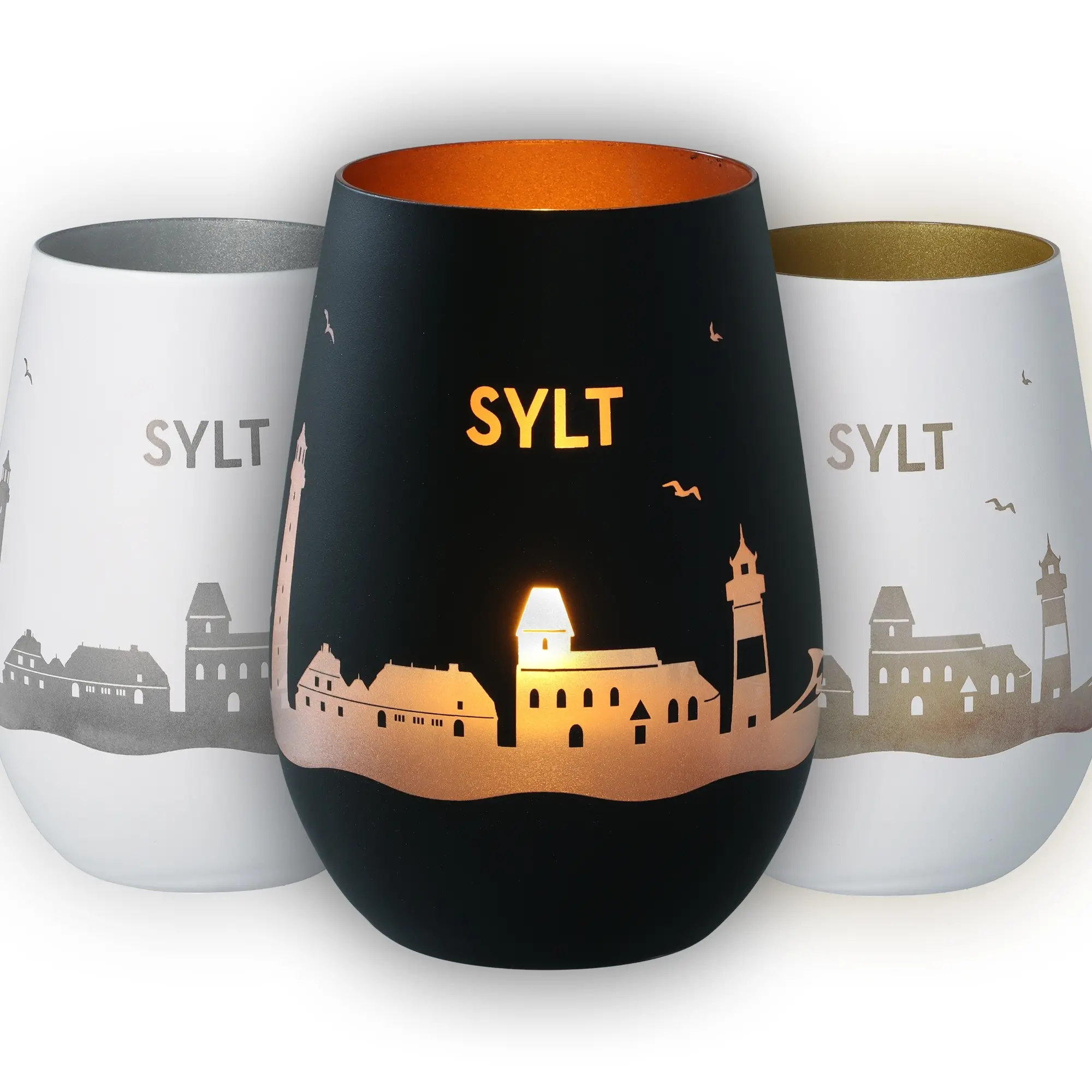  Trinkglas,  Becher,  Stadtsilhouette,  oranges Innenfarbe,  SYLT