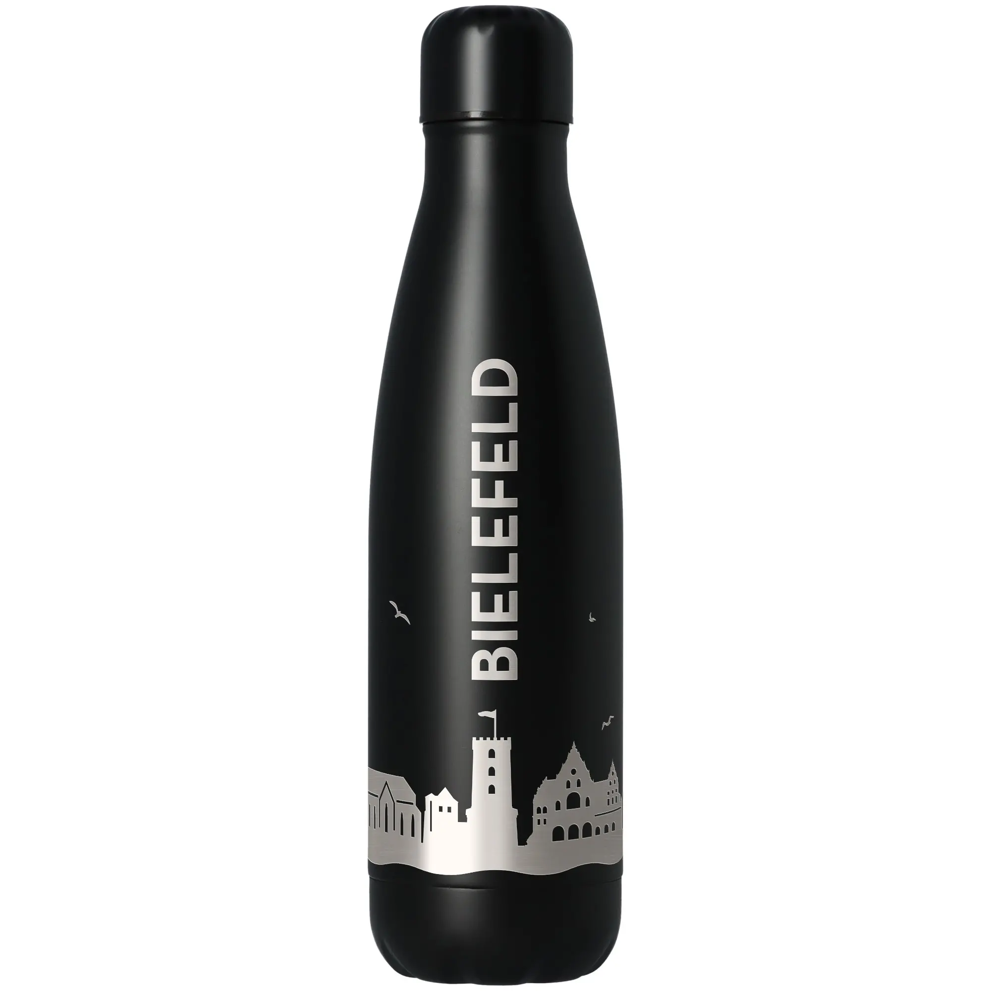 Flasche, Thermos, schwarz, Stadt Silhouette, Wasserflasche