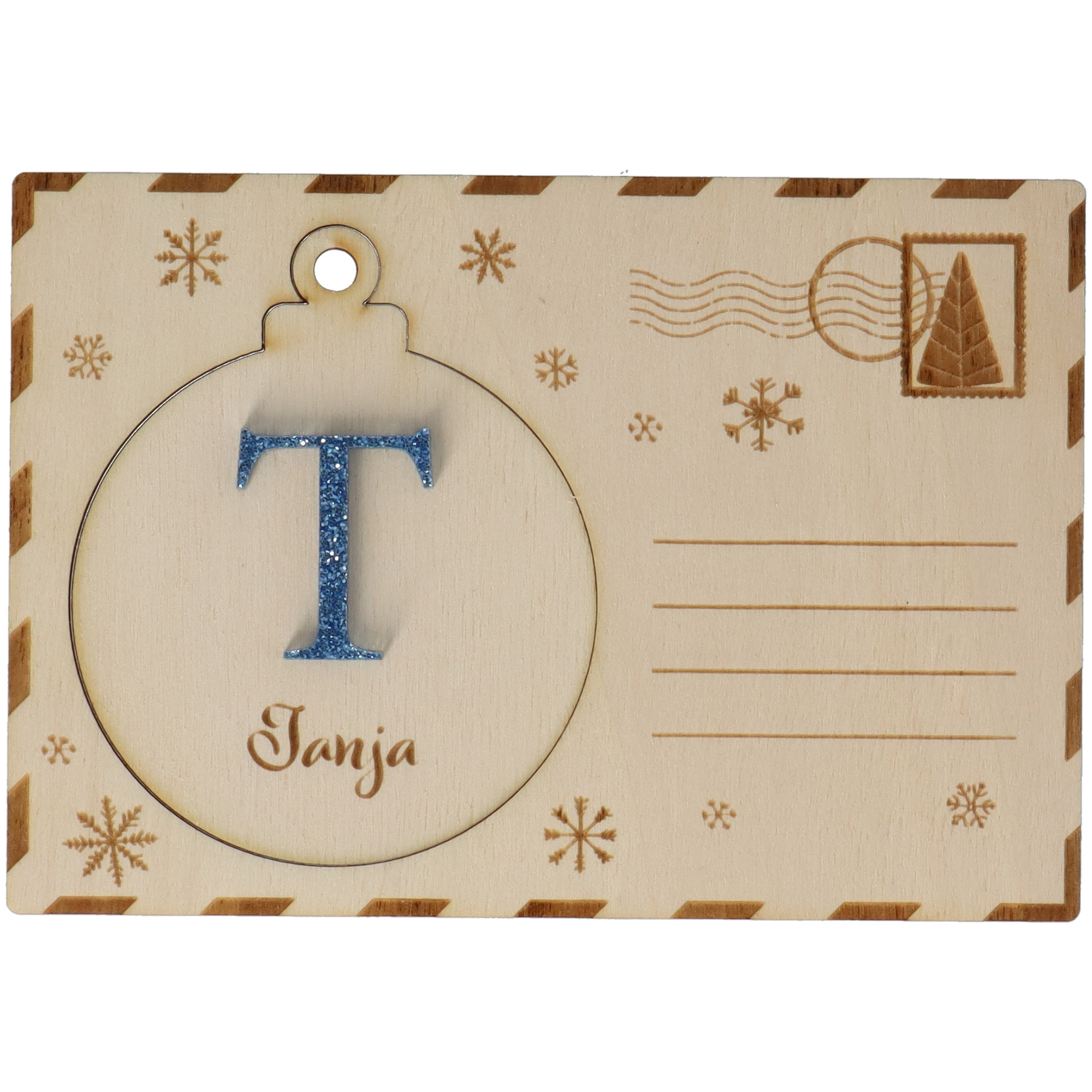 Holzpostkarte mit Weihnachtskugel Holzpostkarte mit Weihnachtskugel