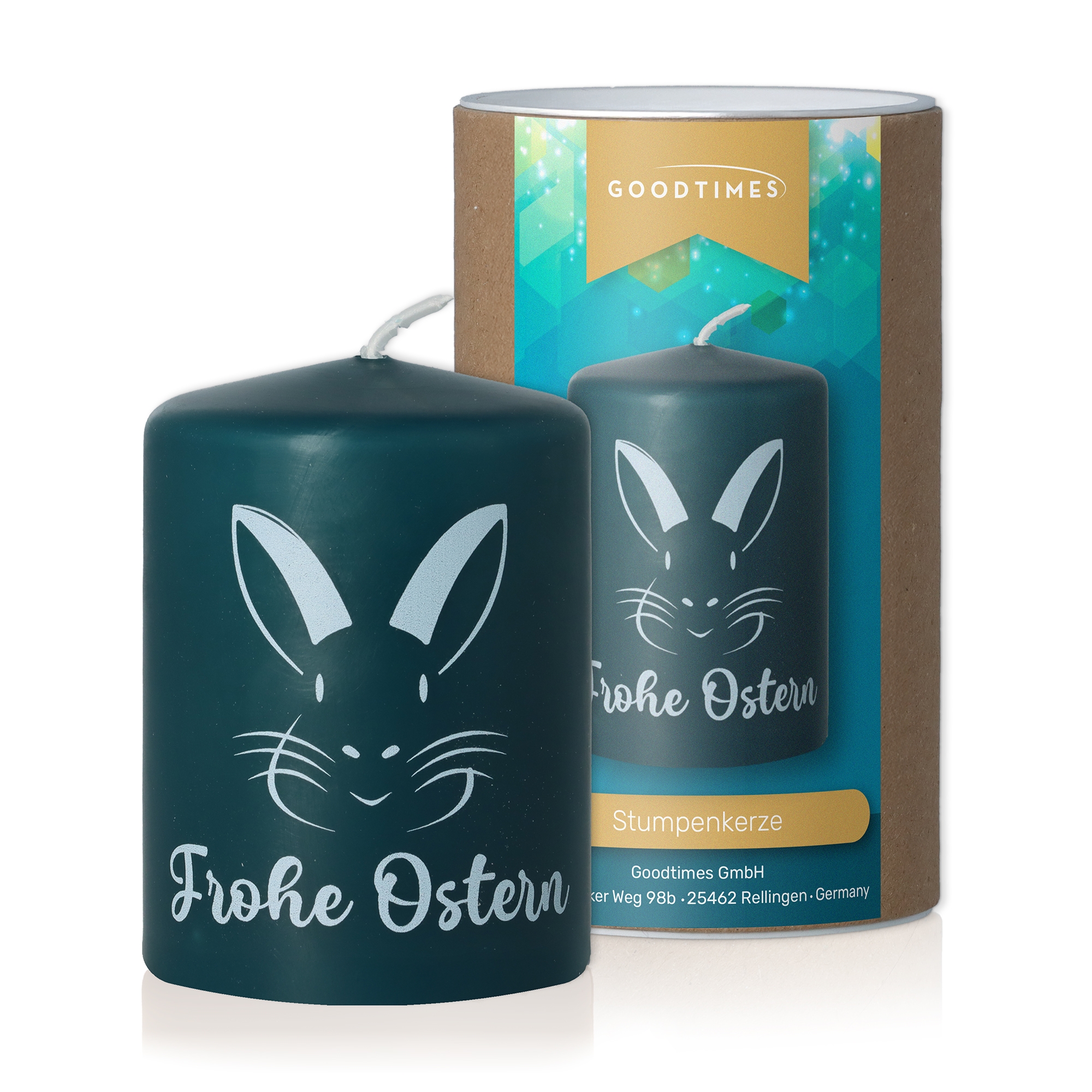Stumpenkerze Petrol "Frohe Ostern"