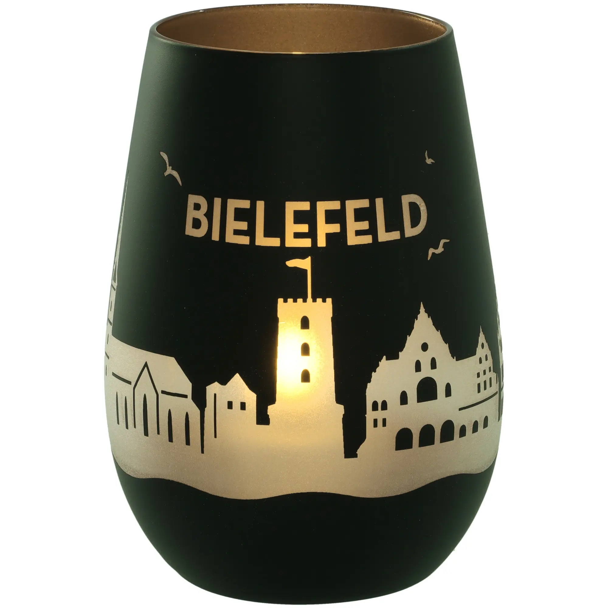 Vase, Schwarz, Goldfolie, Stadtmotiv, Glasvase