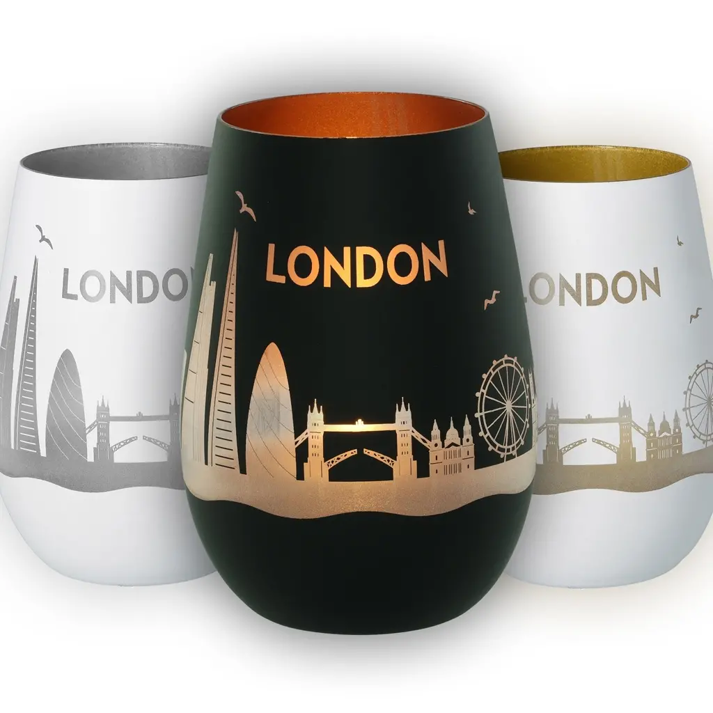 London, stemless glass, Reisebecher, Stadt-Skyline, metallisch gold