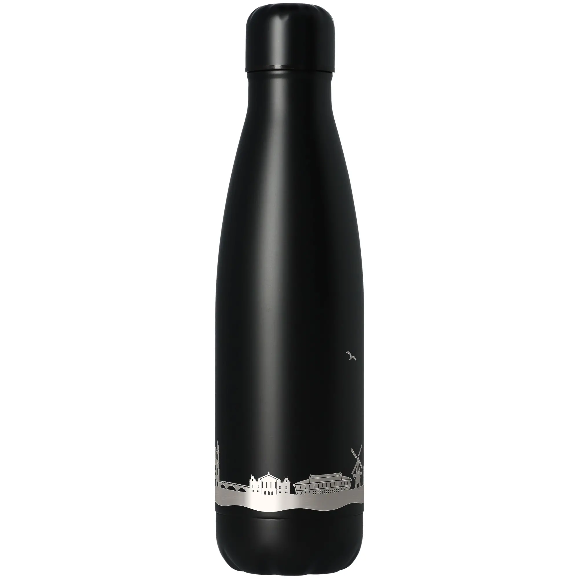 flasche, Thermosflasche, schwarz, stahl, stadtsilhouette