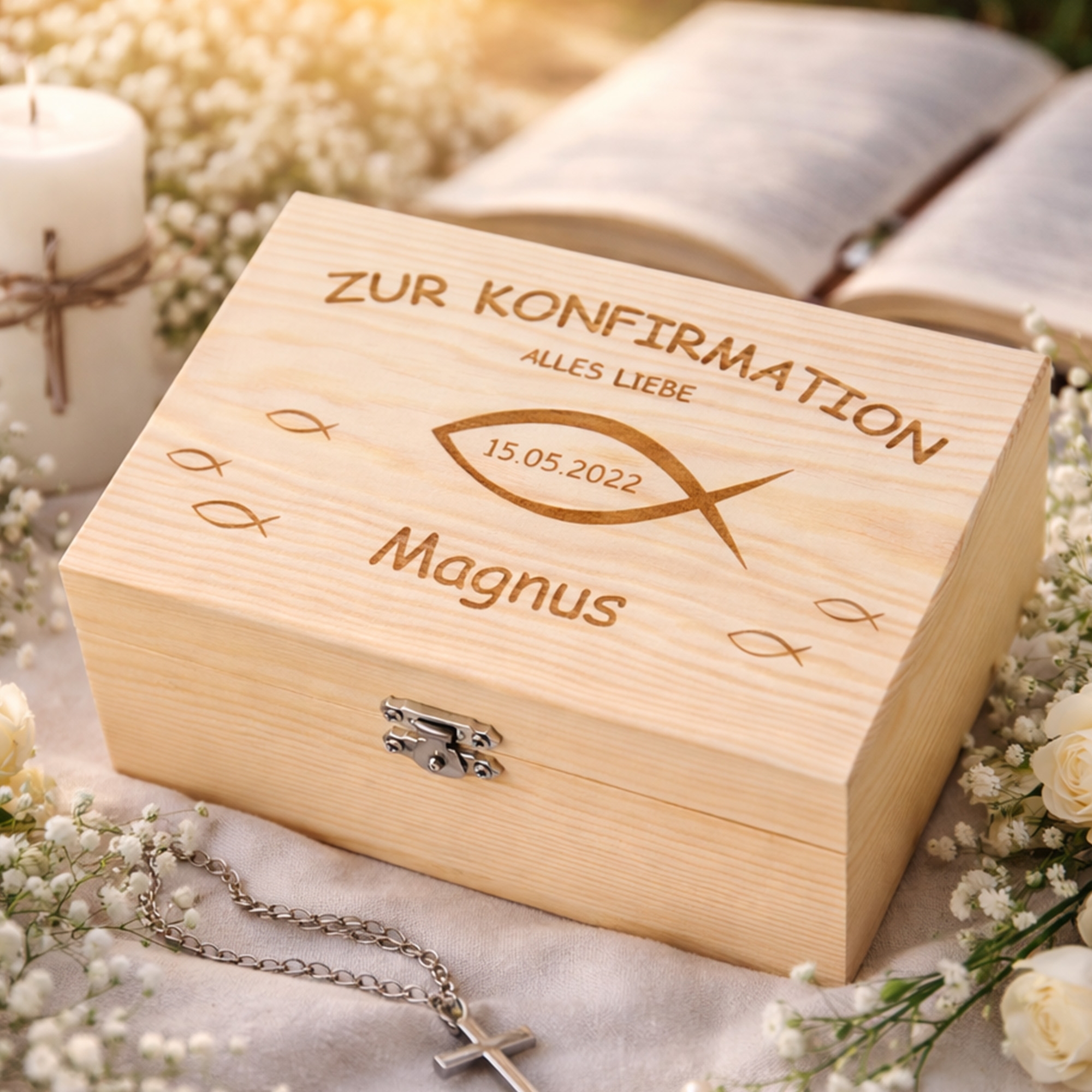 Holzbox, Erinnerungsgeschenk, Box mit Metallschloss, Holzkiste, Namensgravur