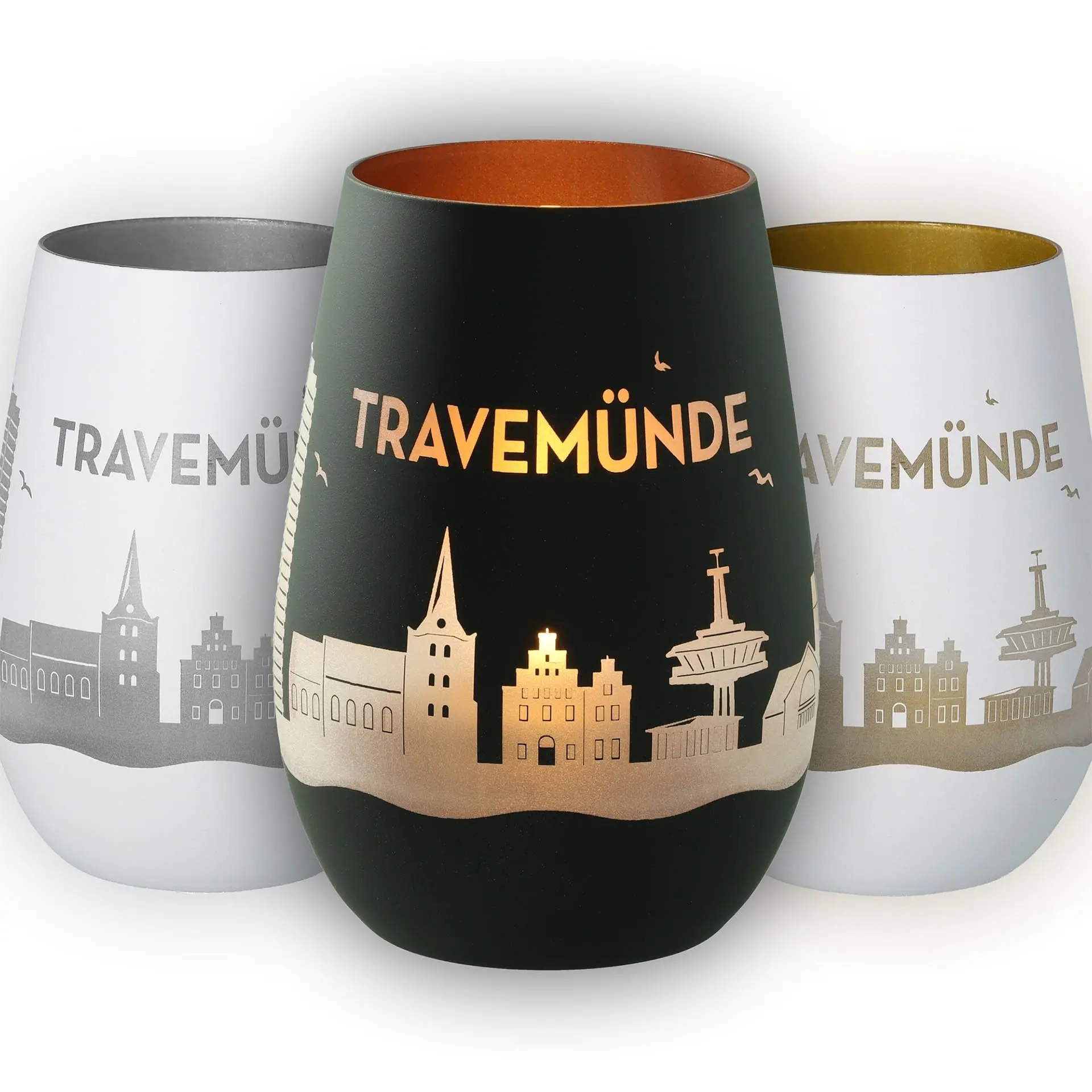 Trinkbecher, Becher, Glasbecher, Stadtmotiv, Travemünde