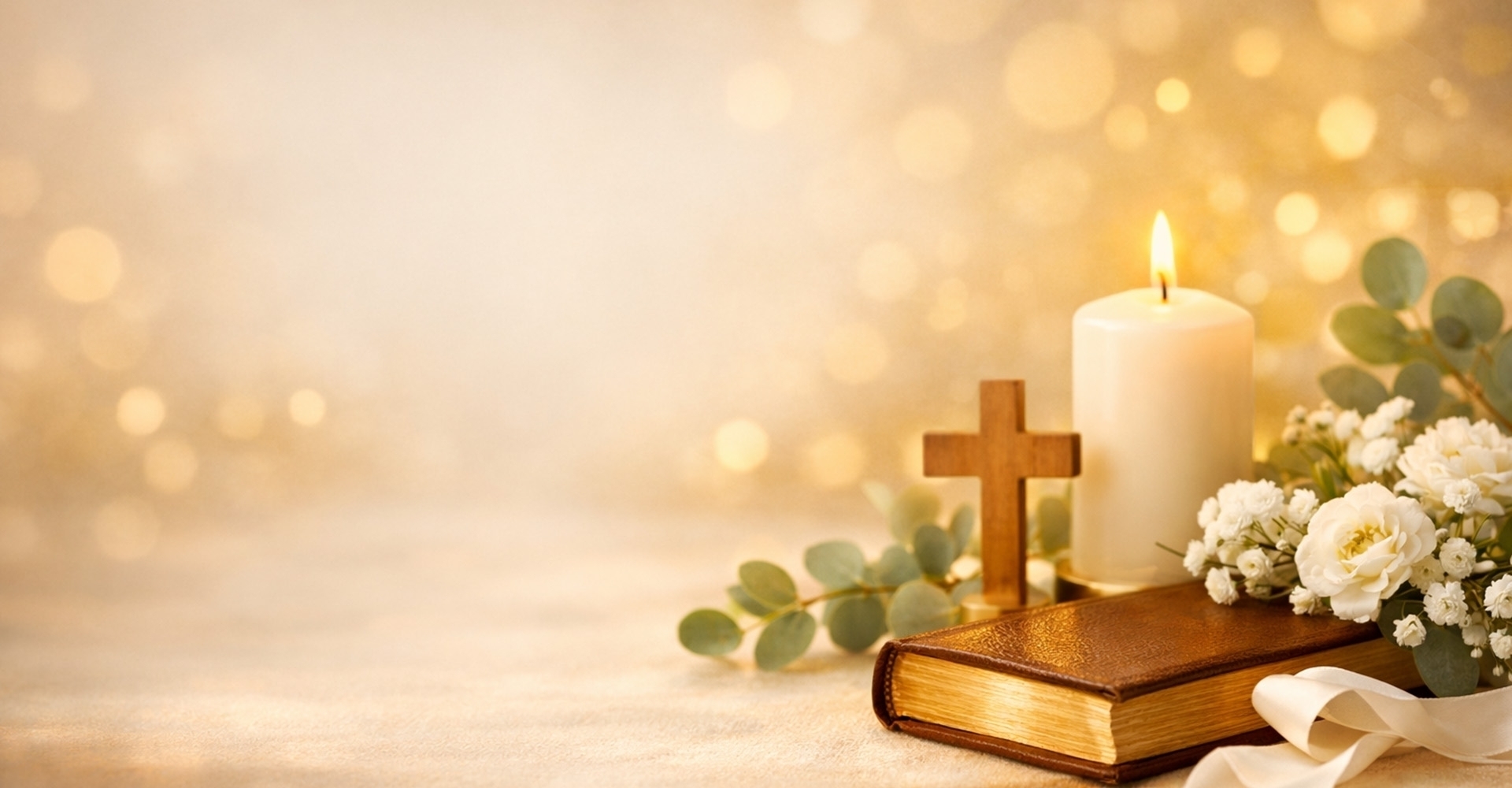 Christliche Symbole, Kreuz, Kerze, Buch, Blumenkranz