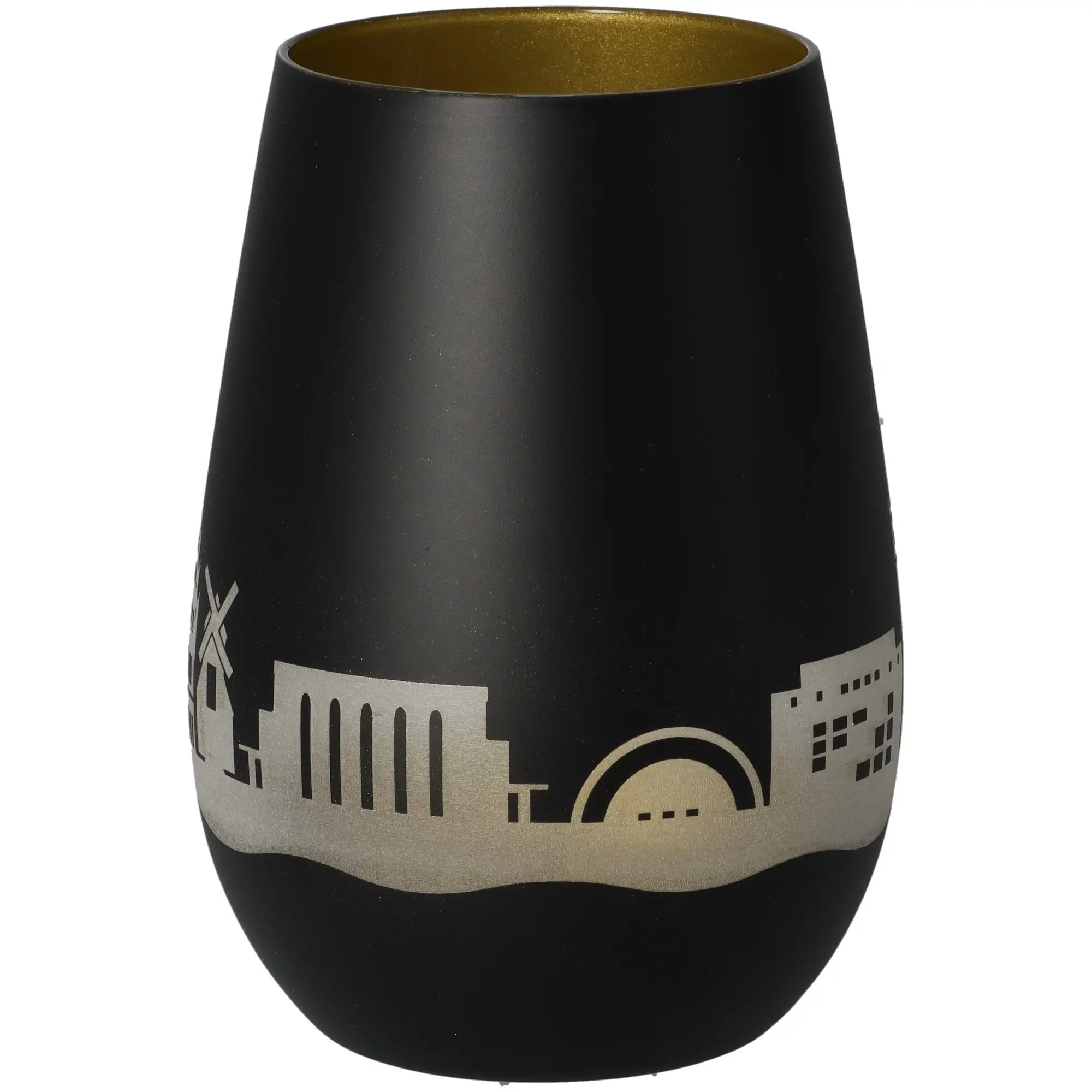 Vase, schwarze Vase, matte Finish, Stadt-Skyline Muster, silberner Akzent