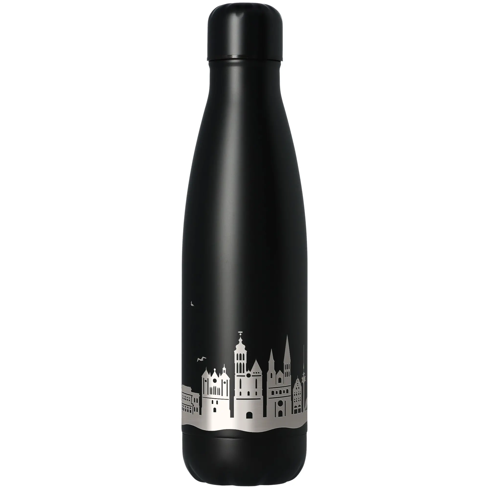 flasche, thermos, stahl, schwarz, stadtsilhouette