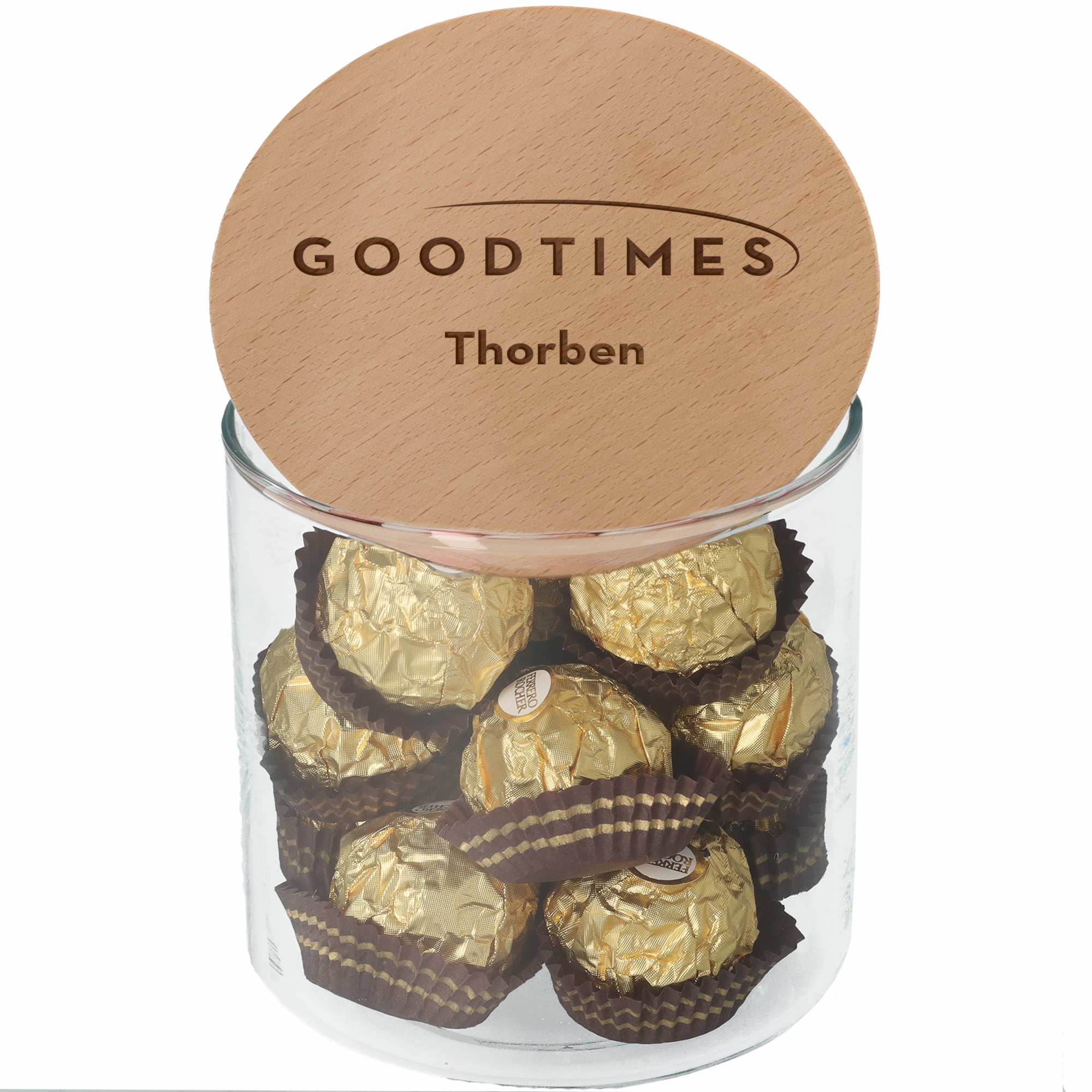 Konditorei, Pralinen, Goldfolie, Glasbehälter, Holzdeckel