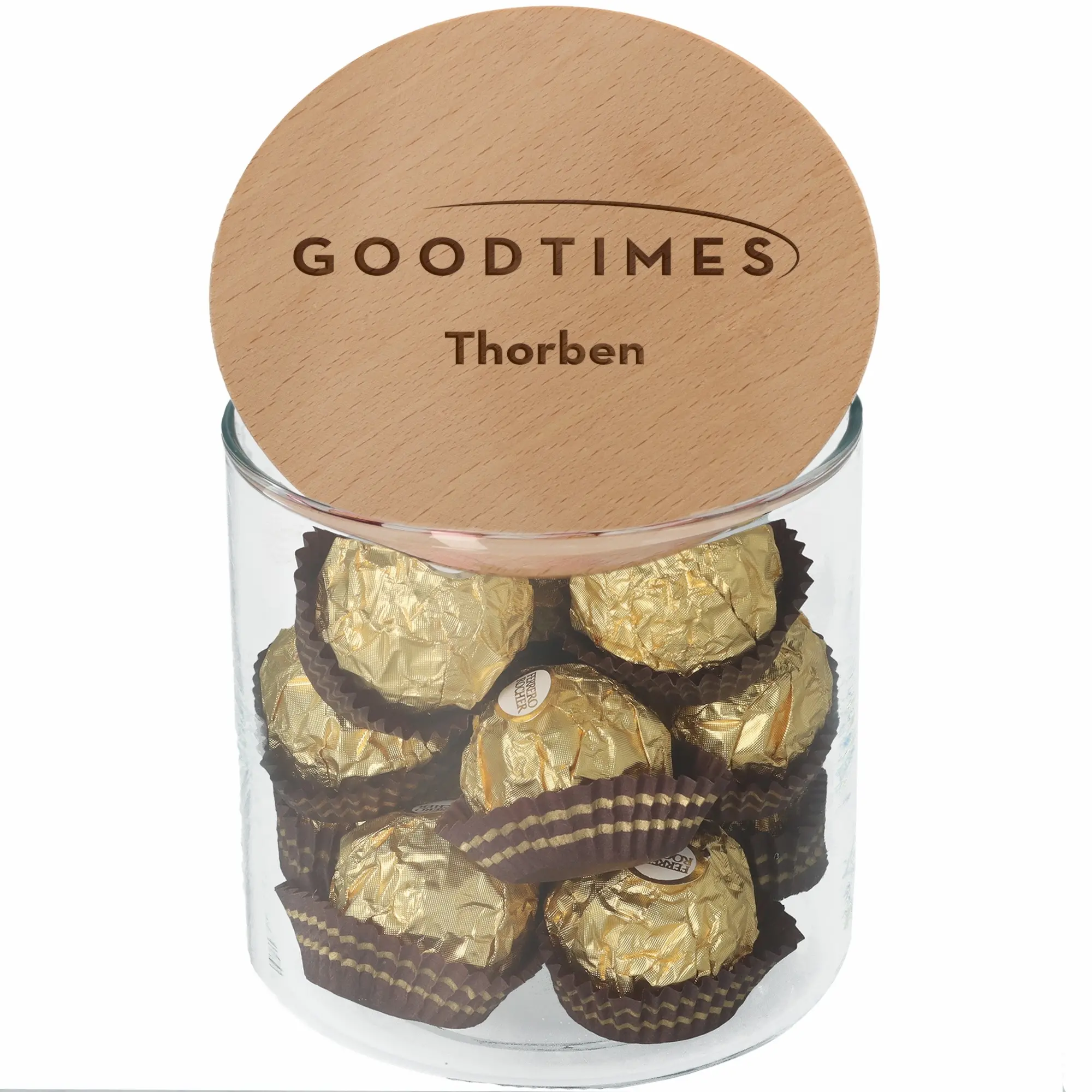 Konditorei, Pralinen, Goldfolie, Glasbehälter, Holzdeckel