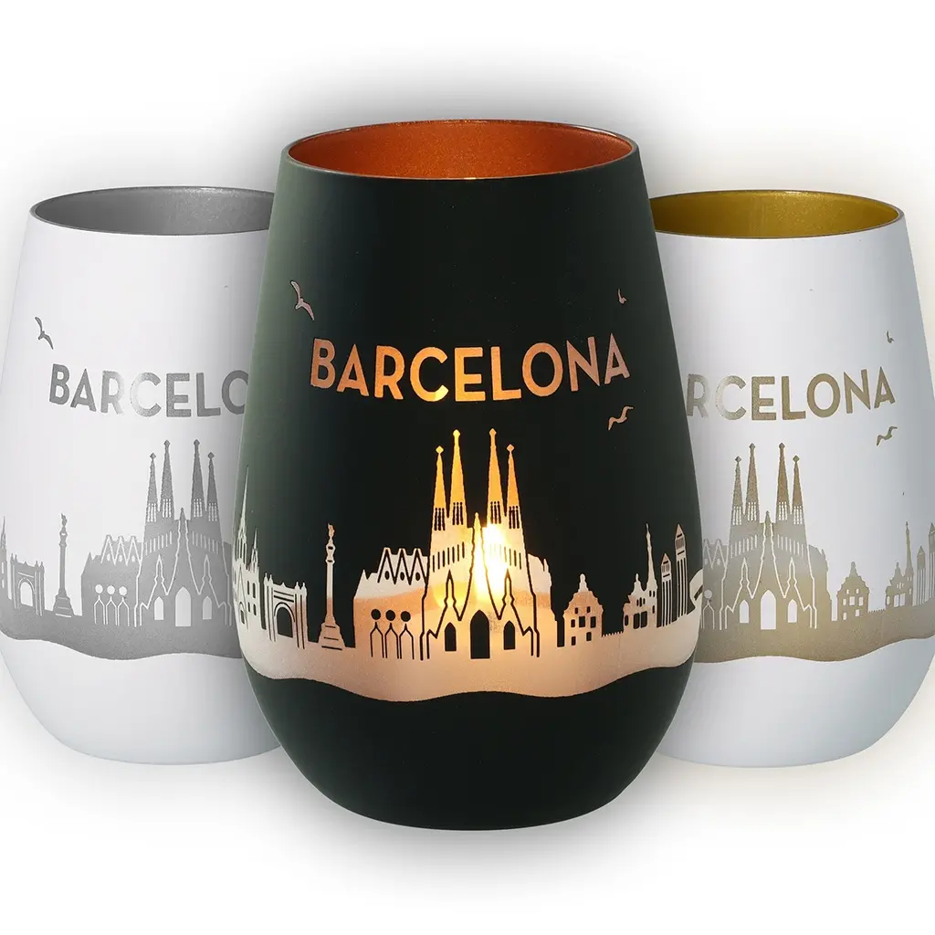 Becher, Glas, Kupferfarben, Barcelona, Stadtsilhouette