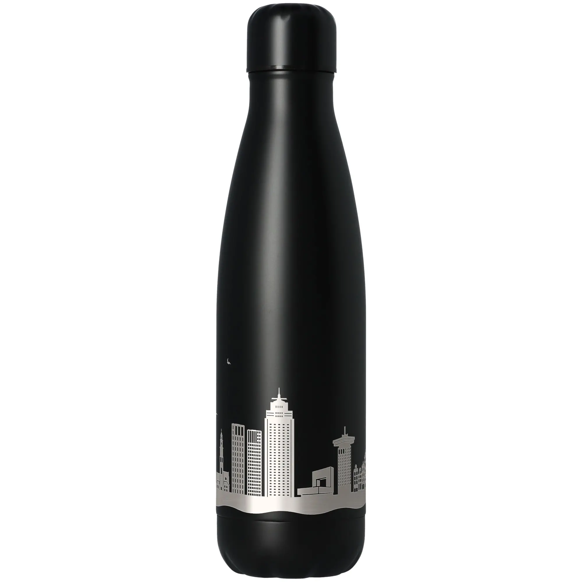 Thermobottle, Edelstahl, Schwarz, Stadtansicht, Flasche mit Deckel