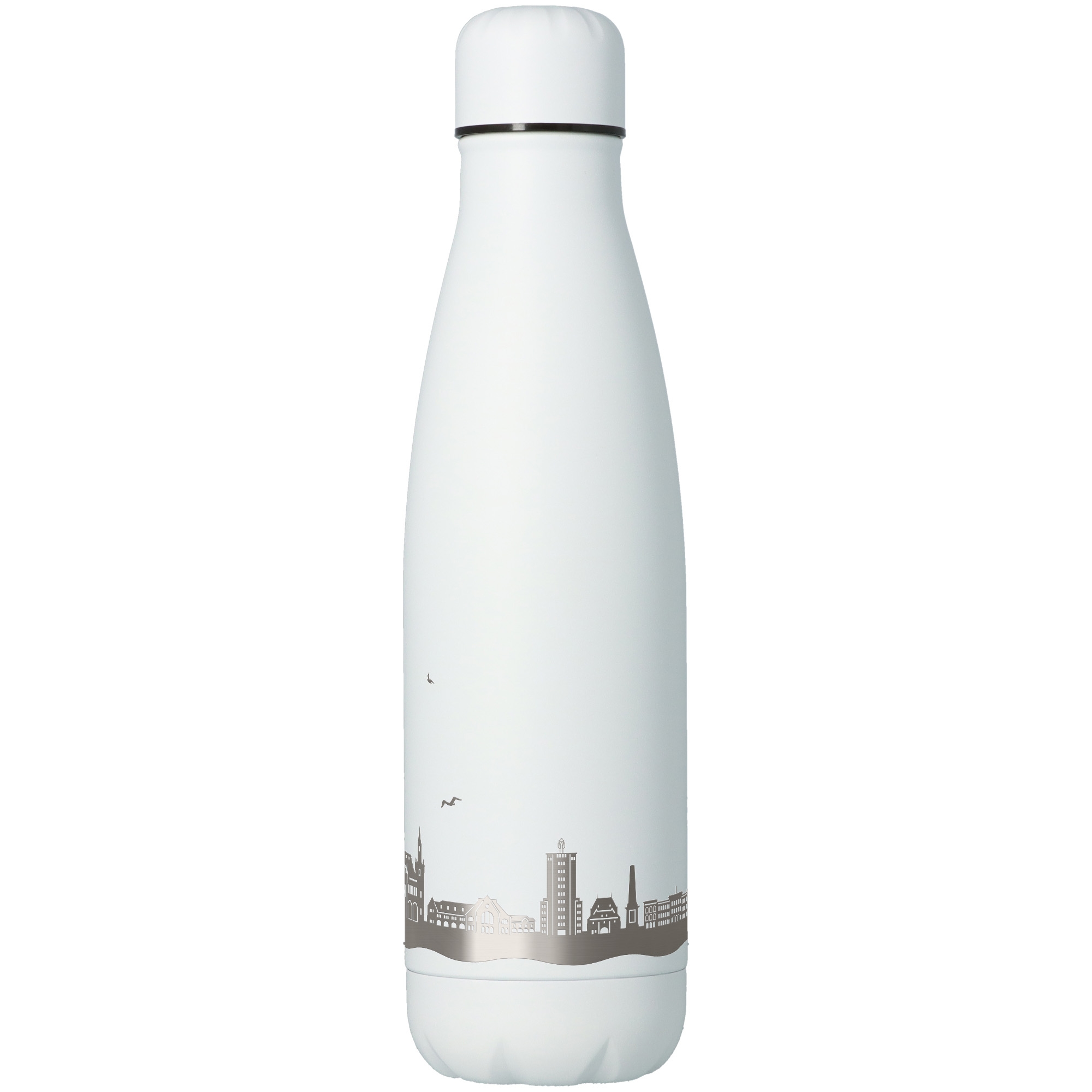 Flasche, Thermos, Edelstahl, Weiß, Stadt-Silhouette