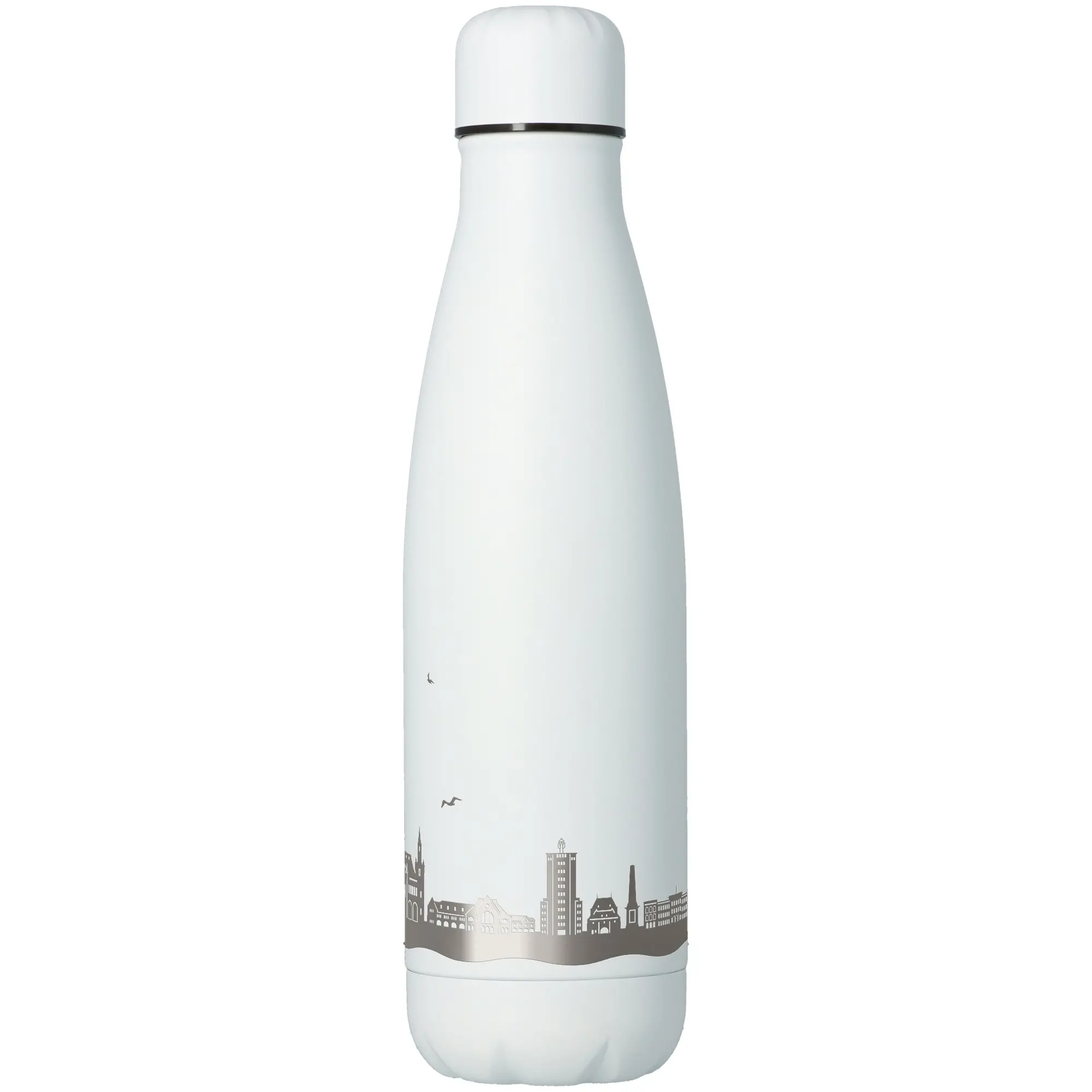 Flasche, Thermos, Edelstahl, Weiß, Stadt-Silhouette