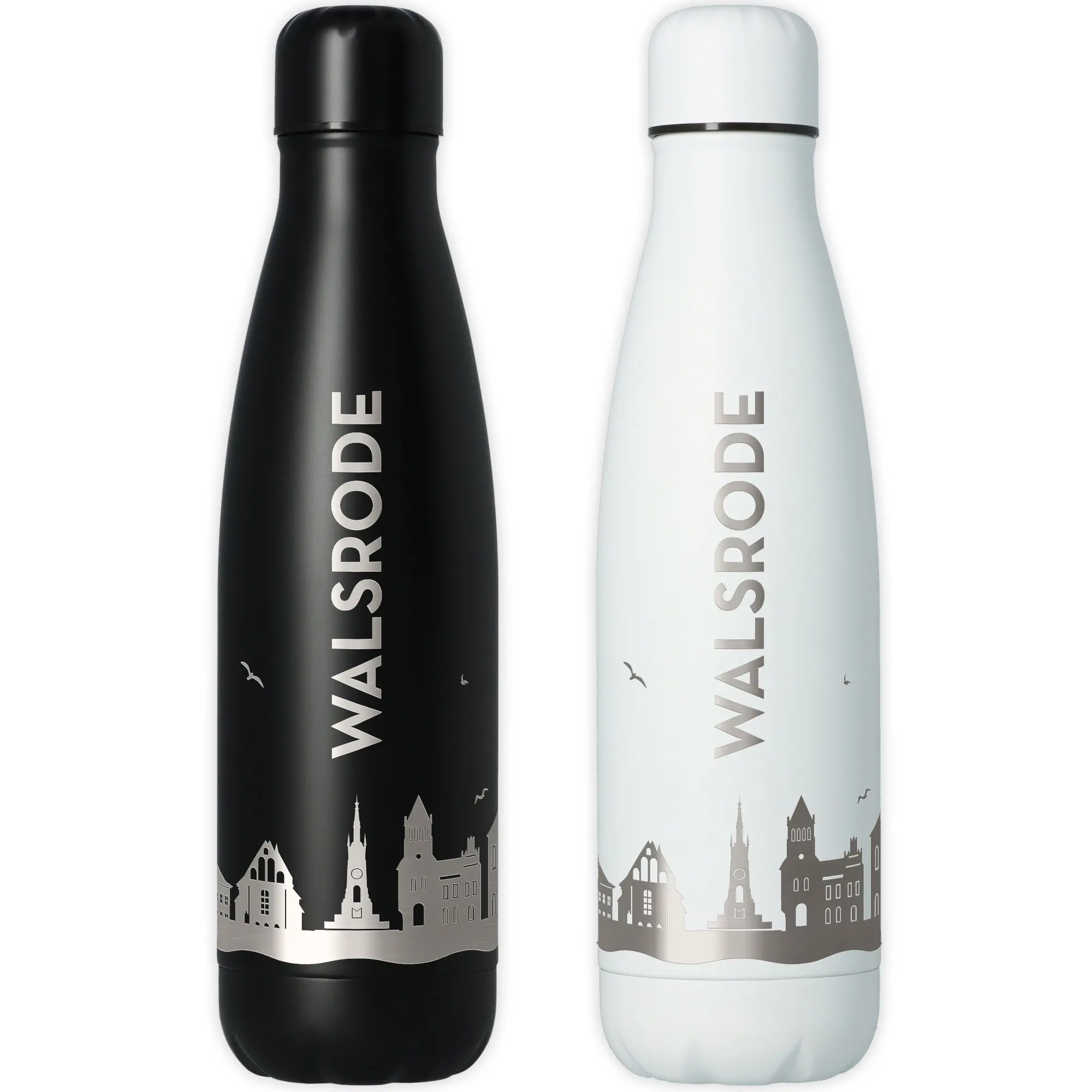 Thermosflasche, Stahl, Schwarz, Weiß, Stadt Silhouette