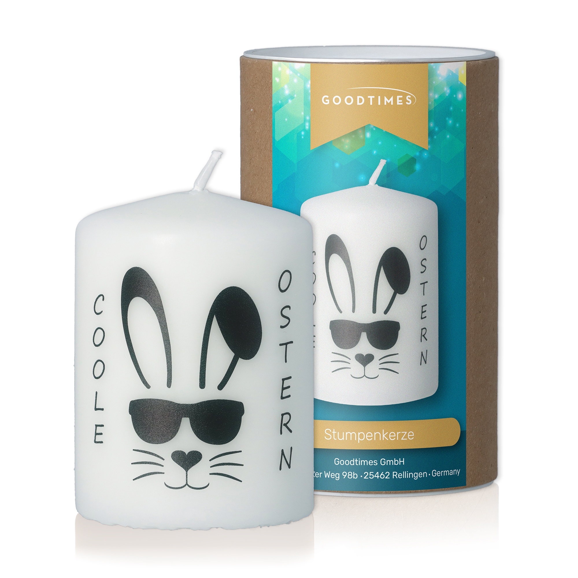 Stumpenkerze Weiß "Coole Ostern" Kerze
