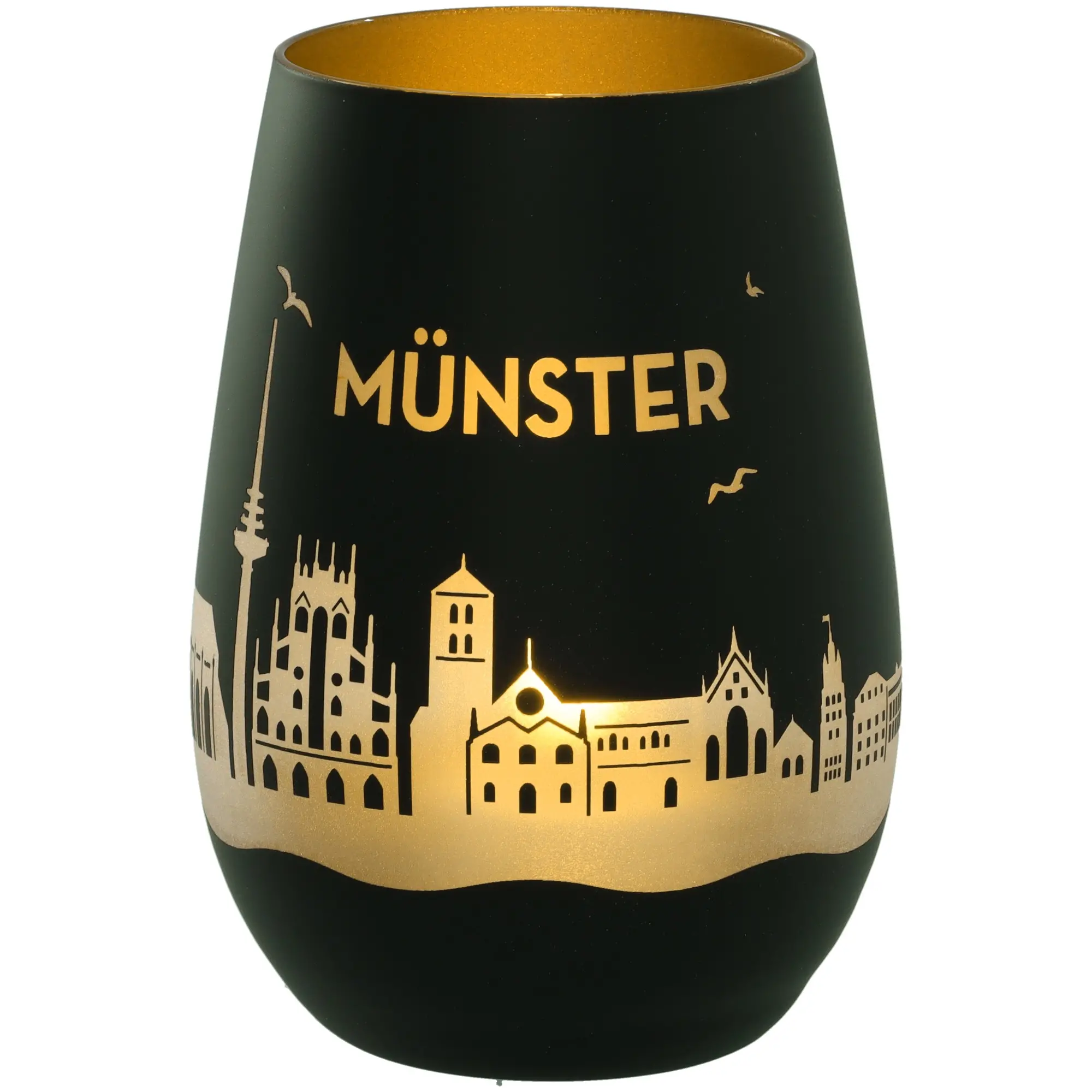 glas, becher, münster skyline, goldene druck, matte schwarz