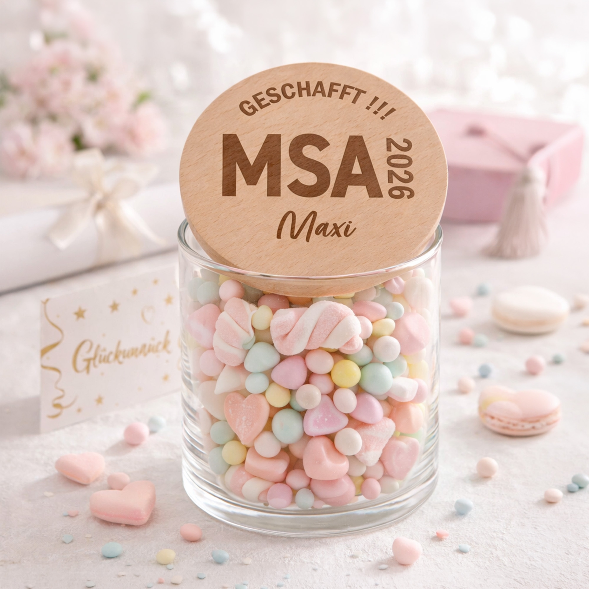 Süßigkeiten, Bonbon Streusel, Glasdose, Pastellfarben, Herzchen